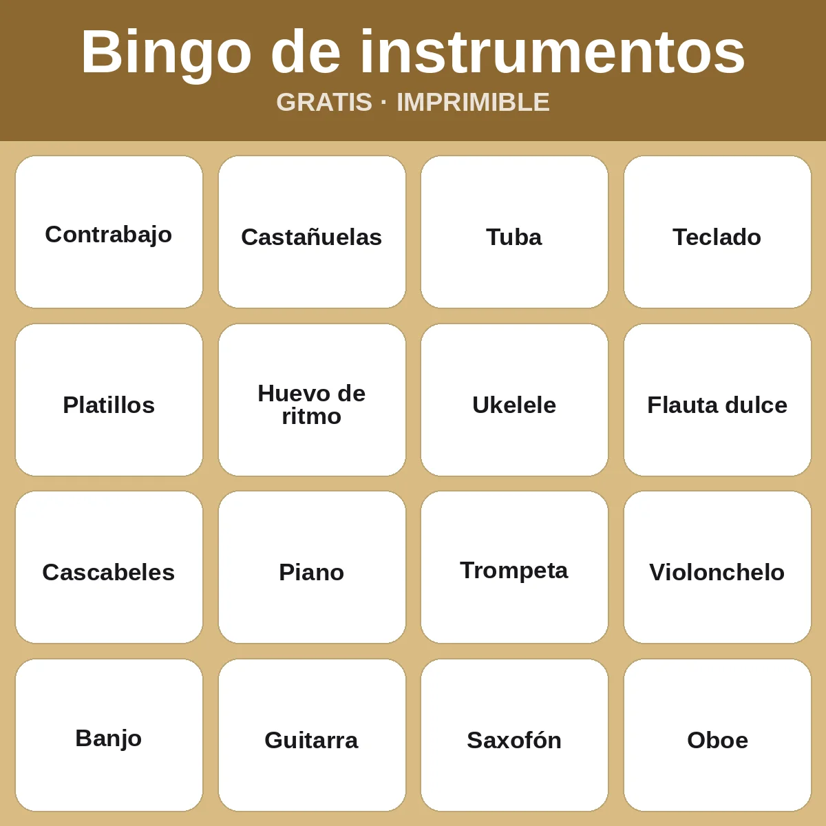 Bingo de instrumentos – bingo gratis para imprimir para niños