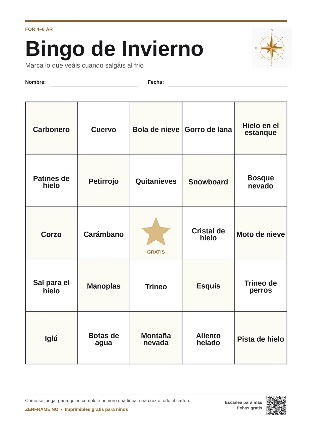 Bingo de Invierno para niños 4–6 años – tablero A4 gratis para imprimir