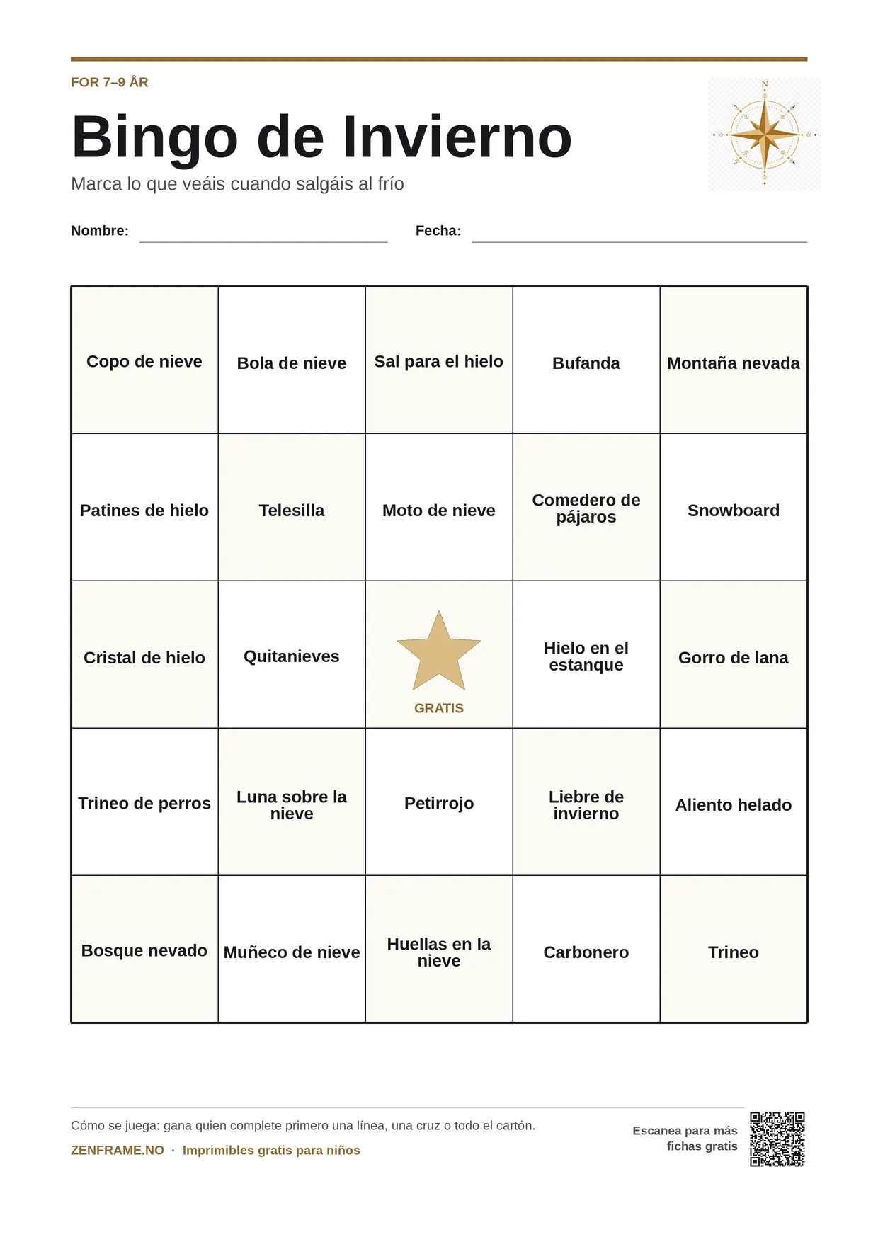 Bingo de Invierno para niños 7–9 años – tablero A4 gratis para imprimir