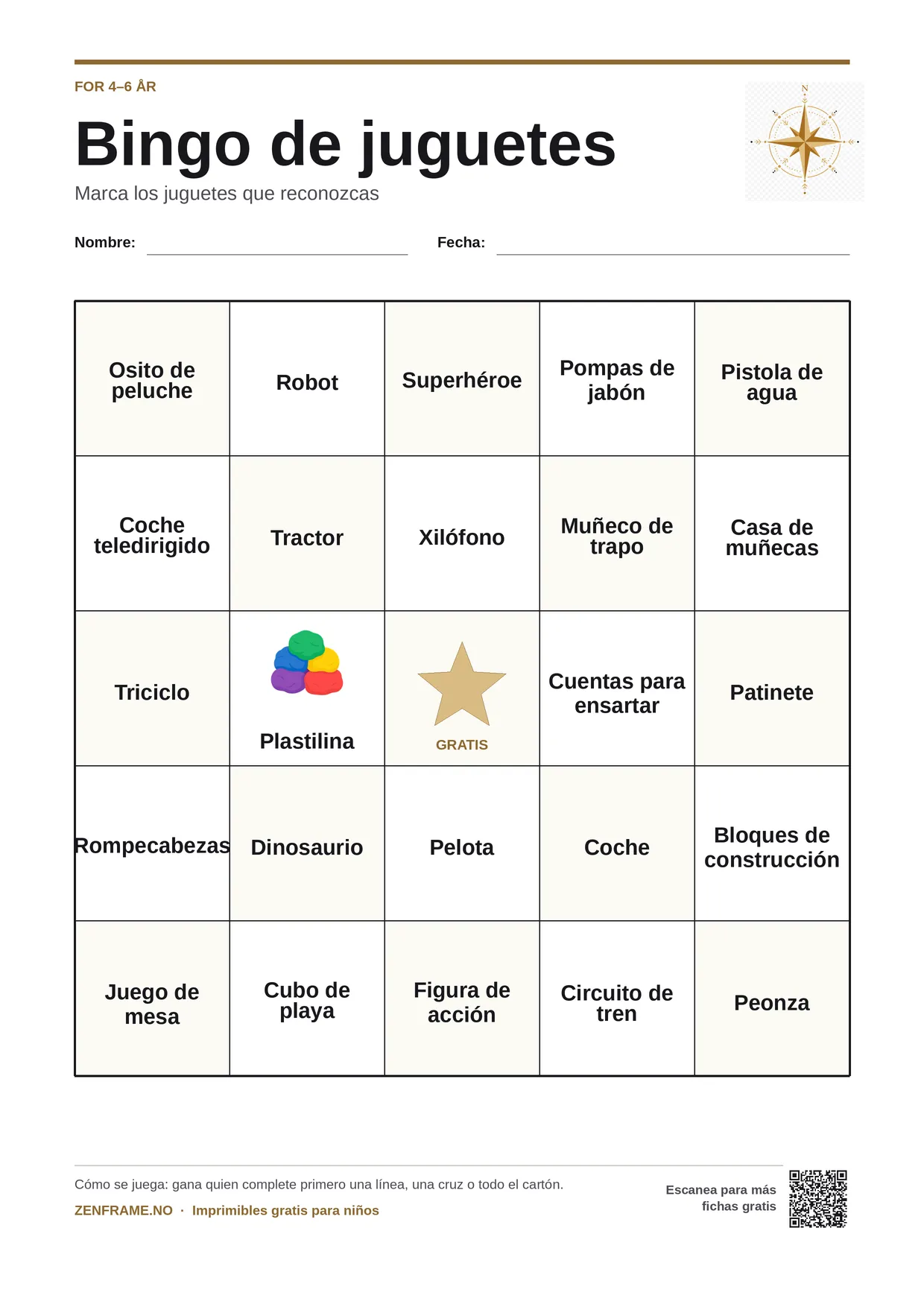 Bingo de juguetes para niños 4–6 años – tablero A4 gratis para imprimir
