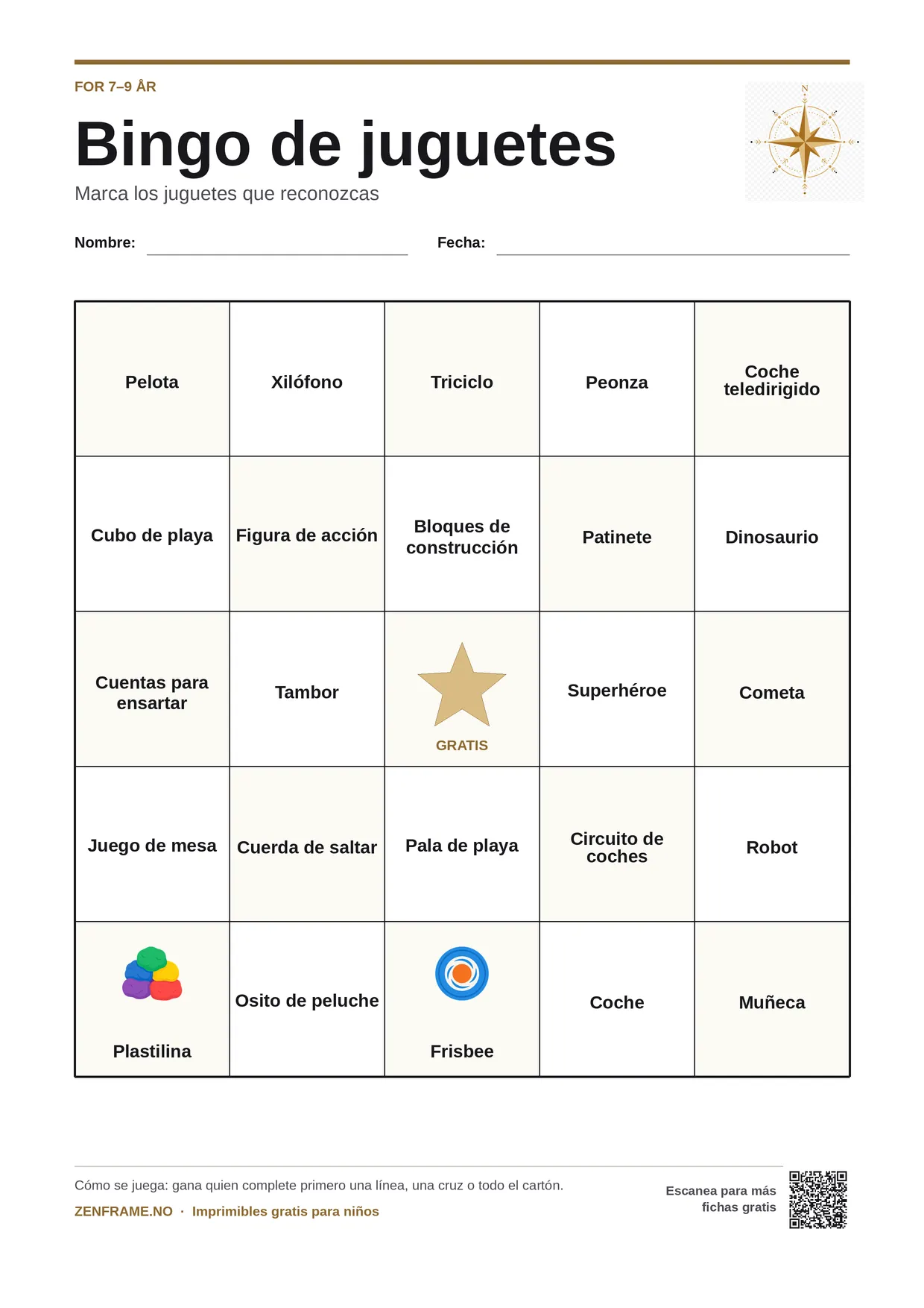 Bingo de juguetes para niños 7–9 años – tablero A4 gratis para imprimir