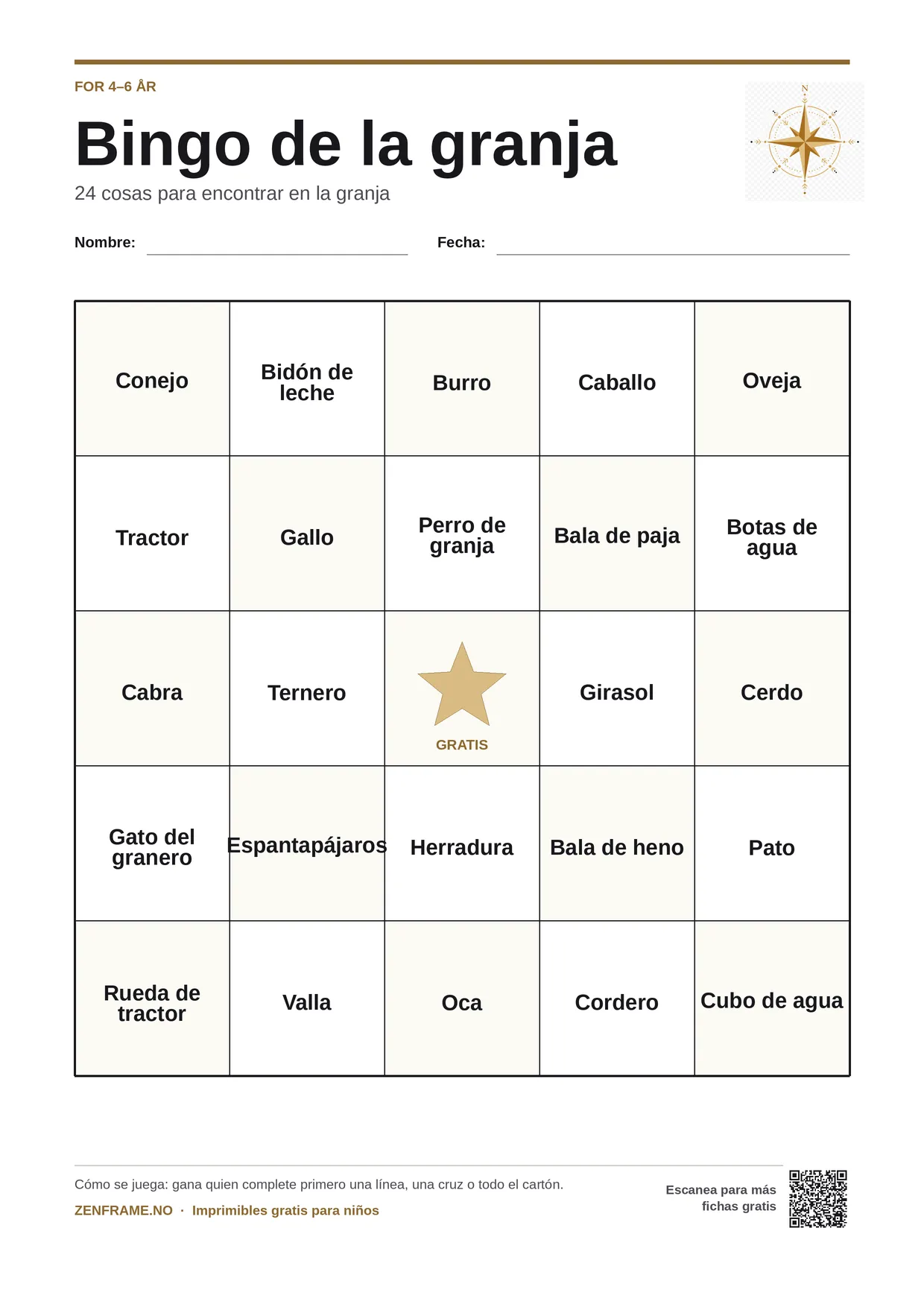 Bingo de la granja para niños 4–6 años – tablero A4 gratis para imprimir