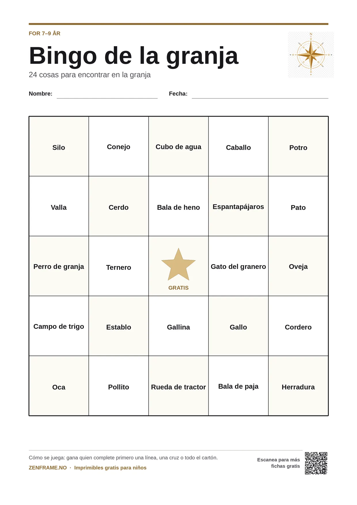 Bingo de la granja para niños 7–9 años – tablero A4 gratis para imprimir