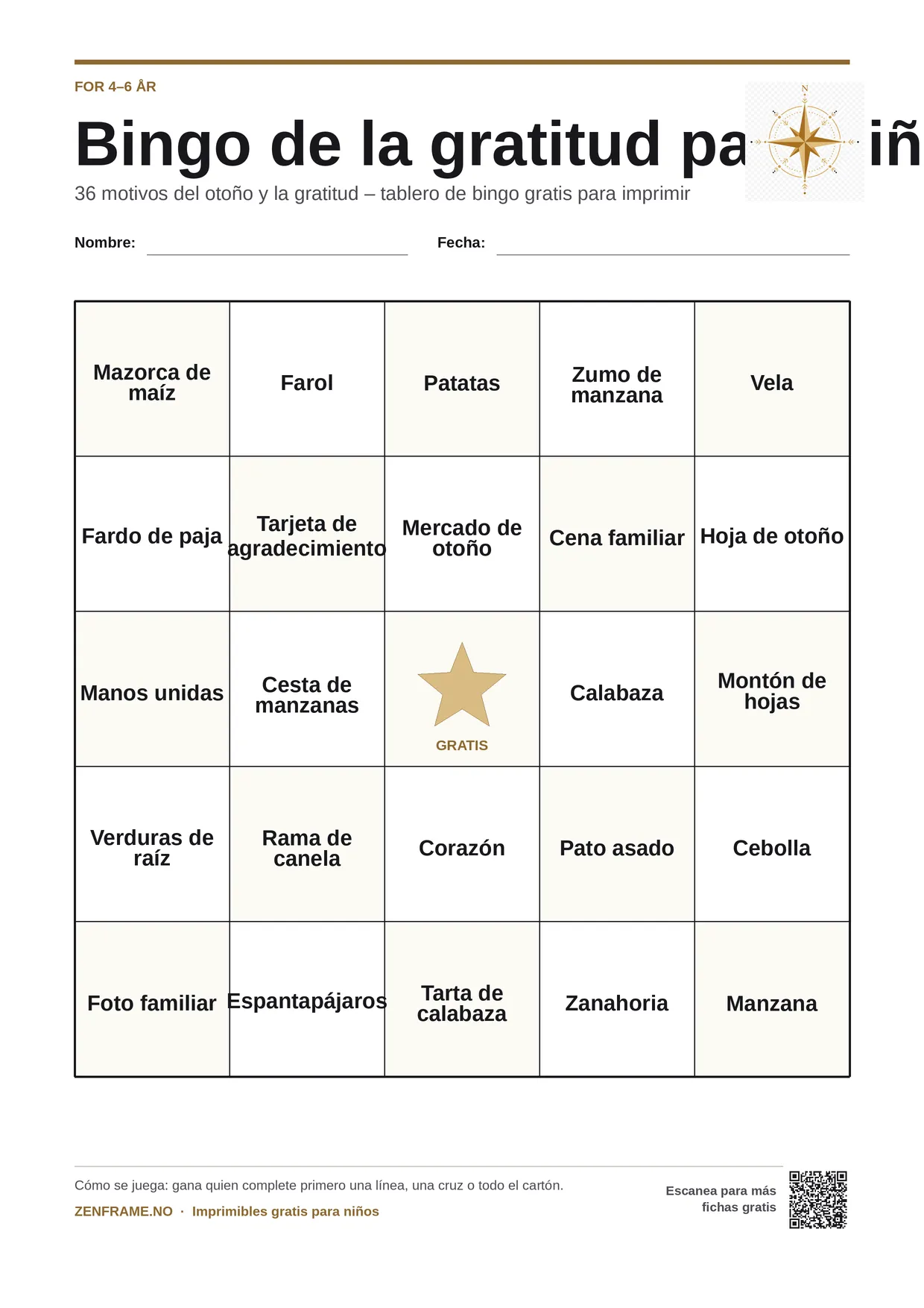 Bingo de la gratitud para niños 4–6 años – tablero A4 gratis para imprimir