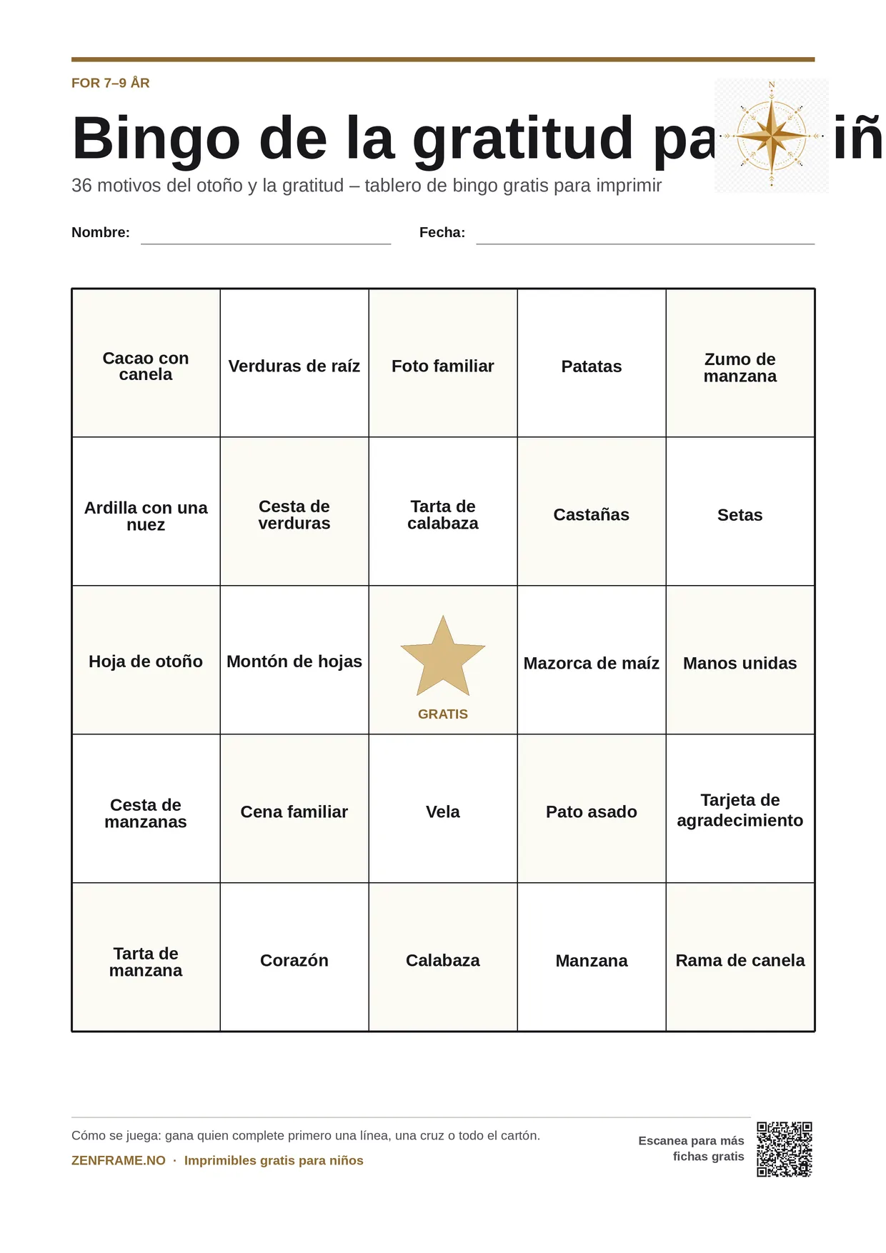 Bingo de la gratitud para niños 7–9 años – tablero A4 gratis para imprimir