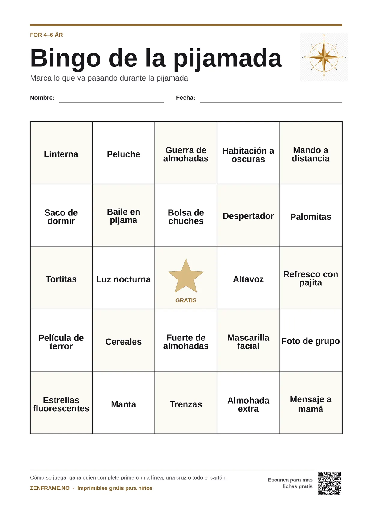 Bingo de la pijamada para niños 4–6 años – tablero A4 gratis para imprimir