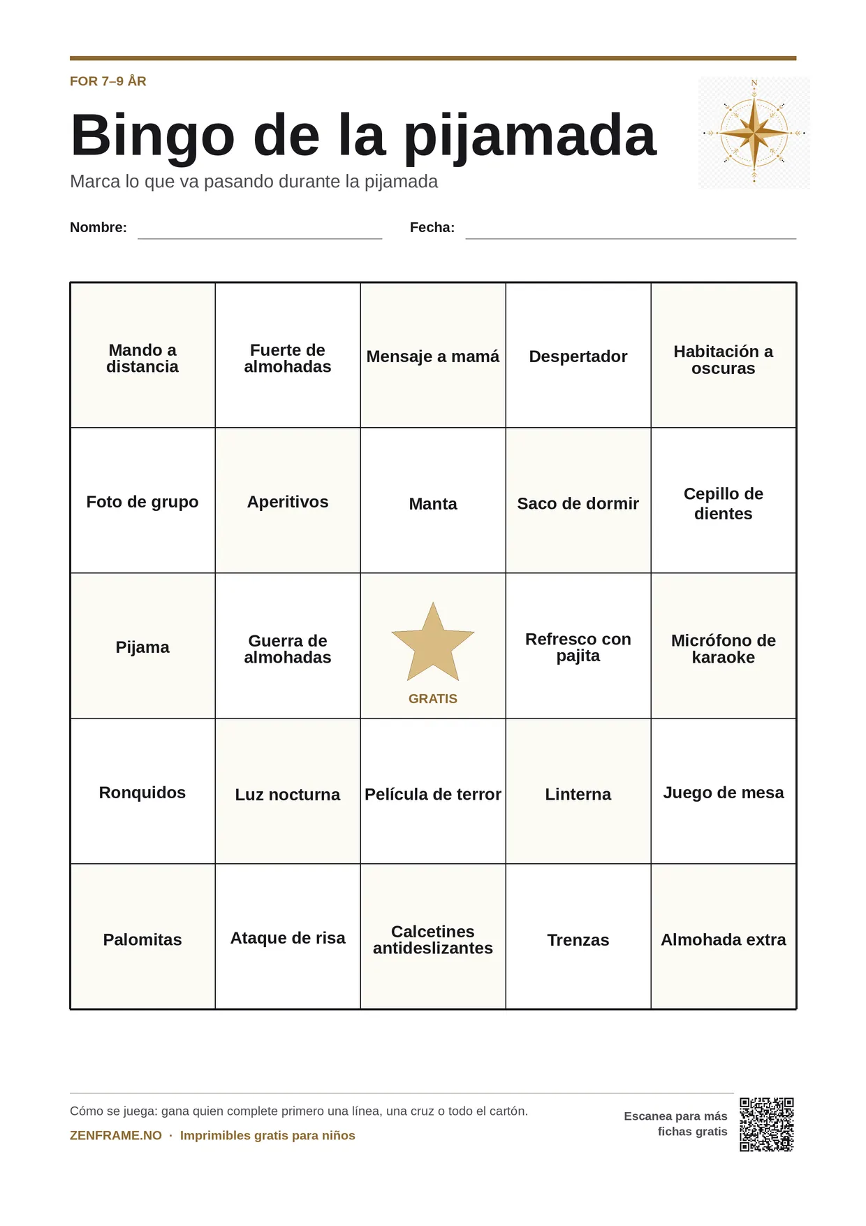 Bingo de la pijamada para niños 7–9 años – tablero A4 gratis para imprimir