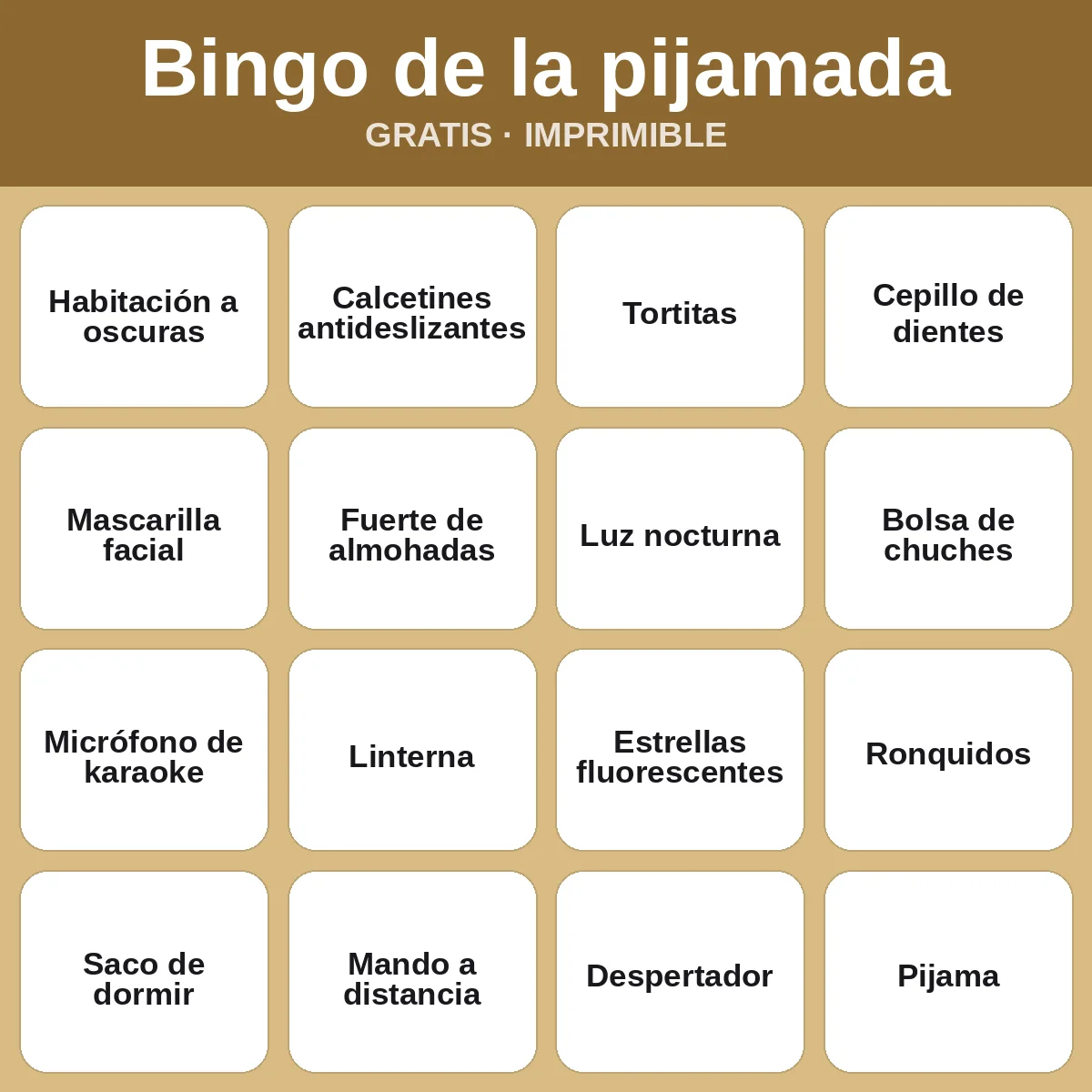 Bingo de la pijamada – bingo gratis para imprimir para niños