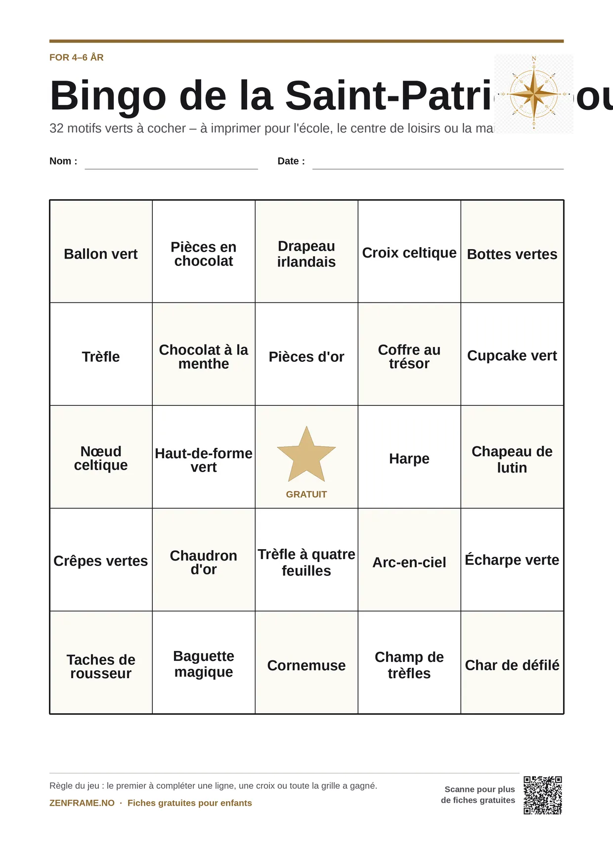 Bingo de la Saint-Patrick pour enfants 4–6 ans – planche A4 gratuite à imprimer