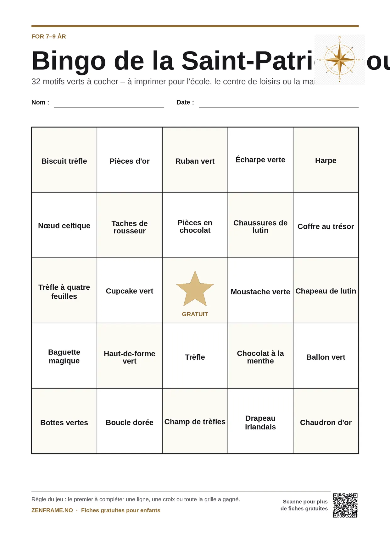 Bingo de la Saint-Patrick pour enfants 7–9 ans – planche A4 gratuite à imprimer