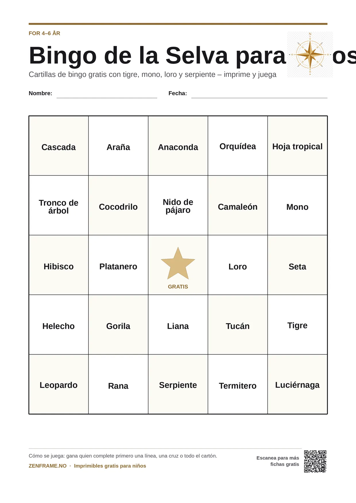 Bingo de la Selva para Niños para niños 4–6 años – tablero A4 gratis para imprimir