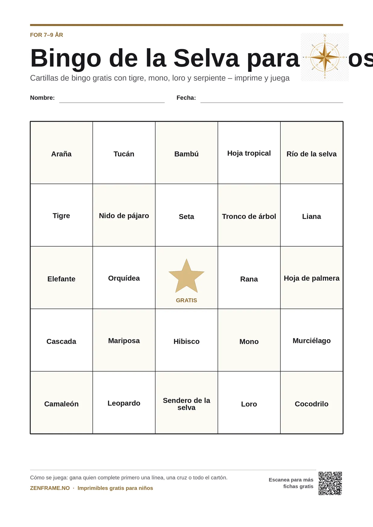 Bingo de la Selva para Niños para niños 7–9 años – tablero A4 gratis para imprimir