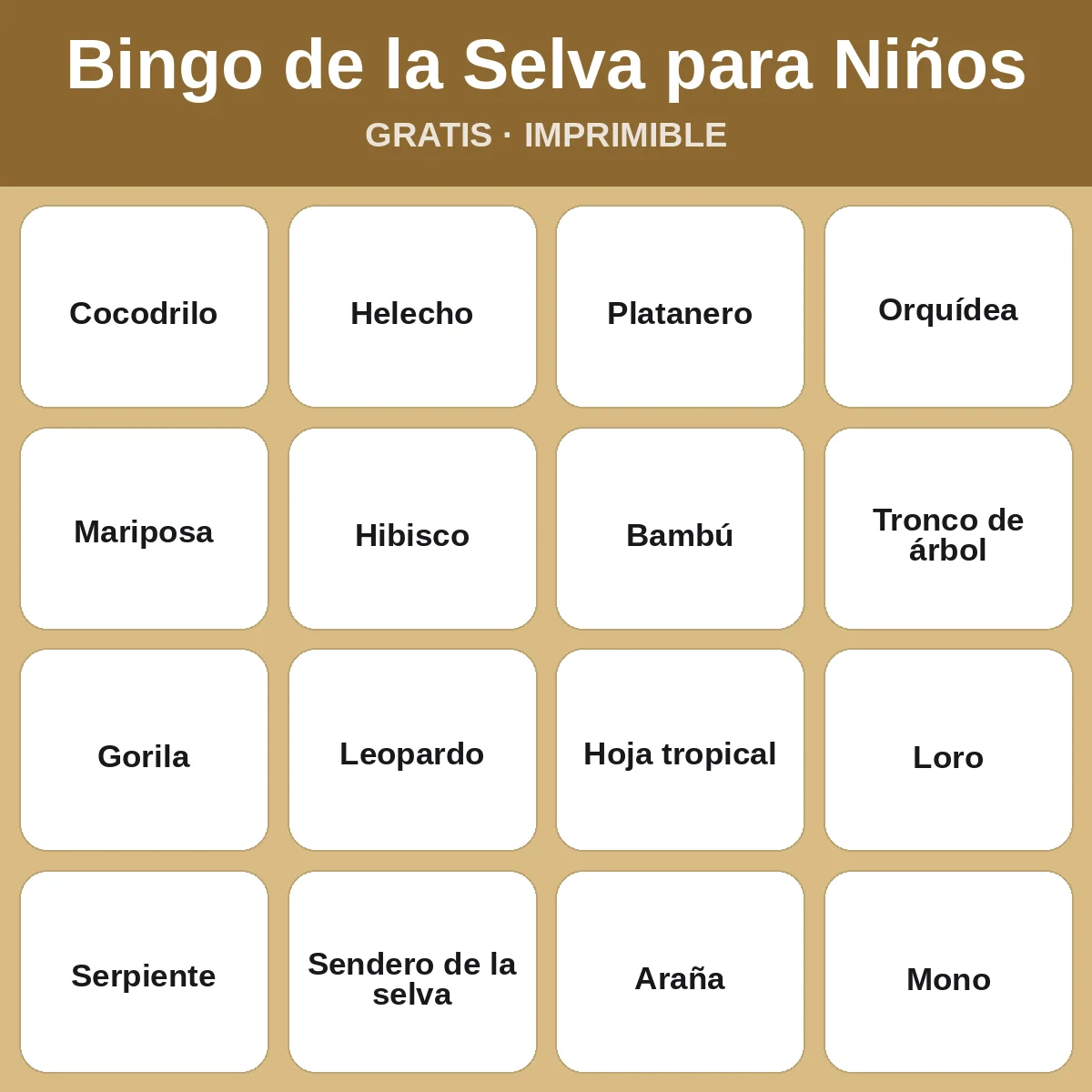 Bingo de la Selva para Niños – bingo gratis para imprimir para niños