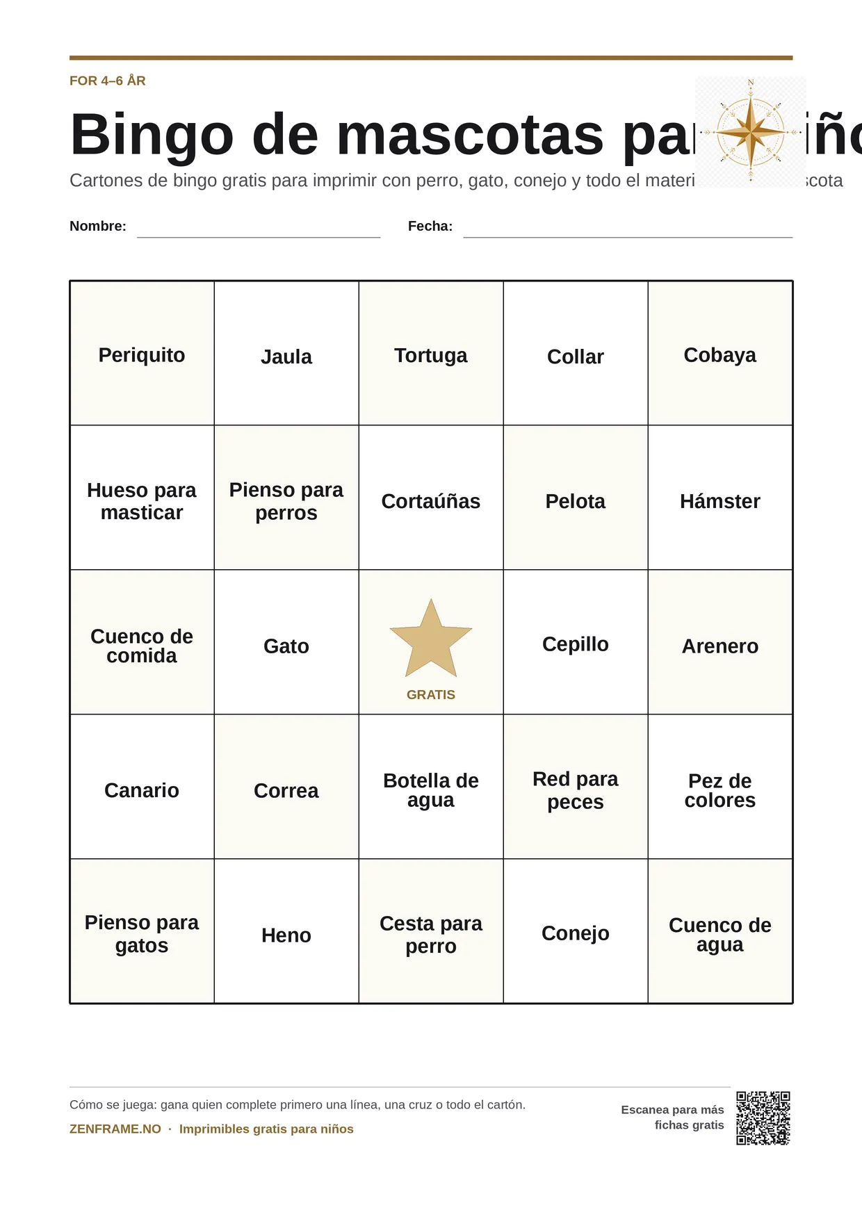 Bingo de mascotas para niños 4–6 años – tablero A4 gratis para imprimir
