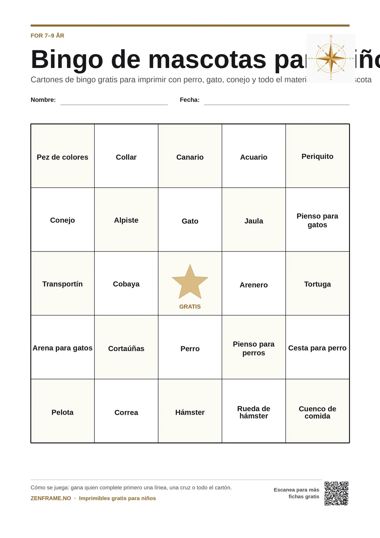 Bingo de mascotas para niños 7–9 años – tablero A4 gratis para imprimir