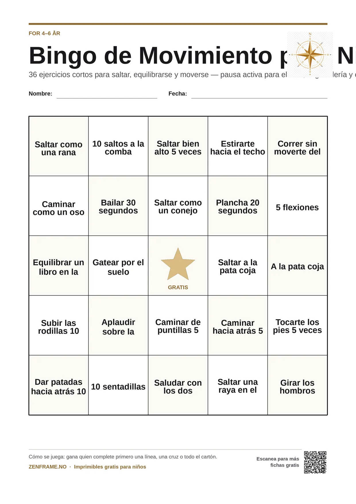 Bingo de Movimiento para Niños para niños 4–6 años – tablero A4 gratis para imprimir