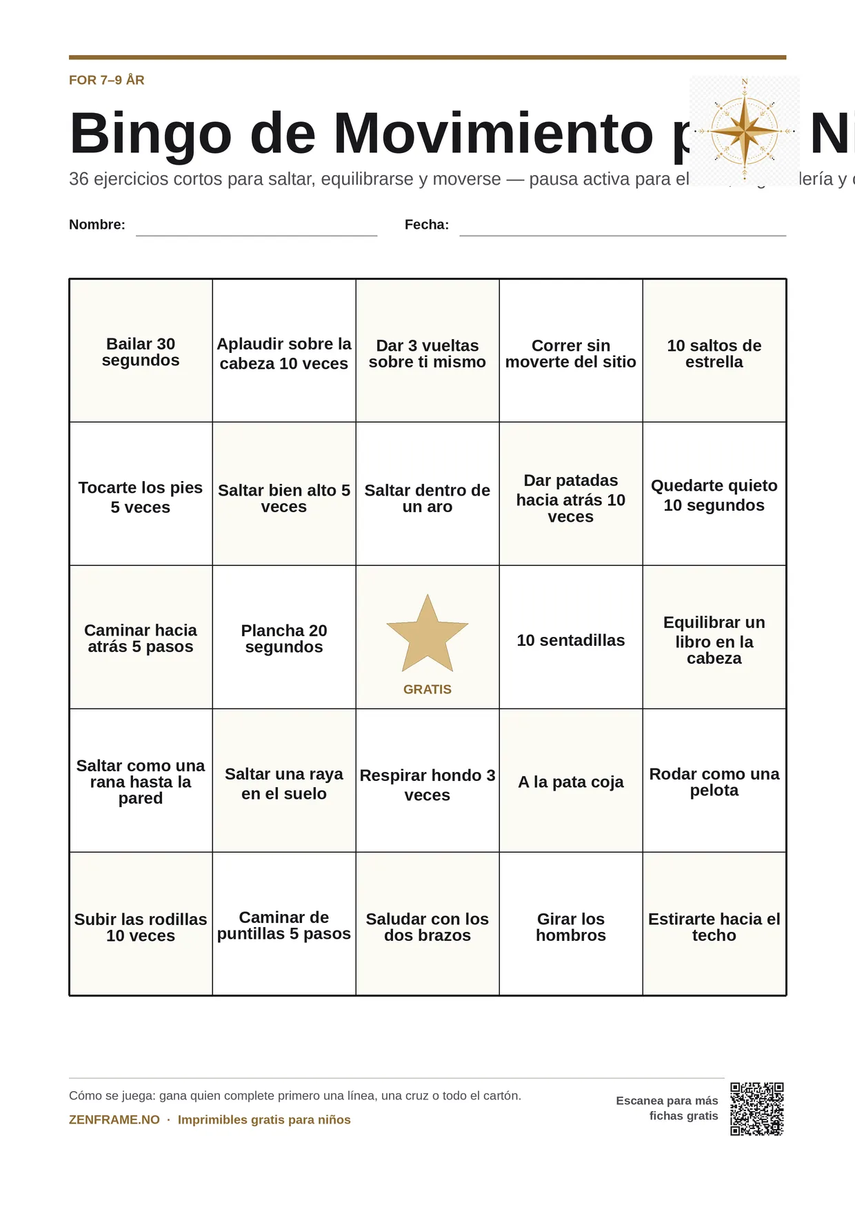 Bingo de Movimiento para Niños para niños 7–9 años – tablero A4 gratis para imprimir