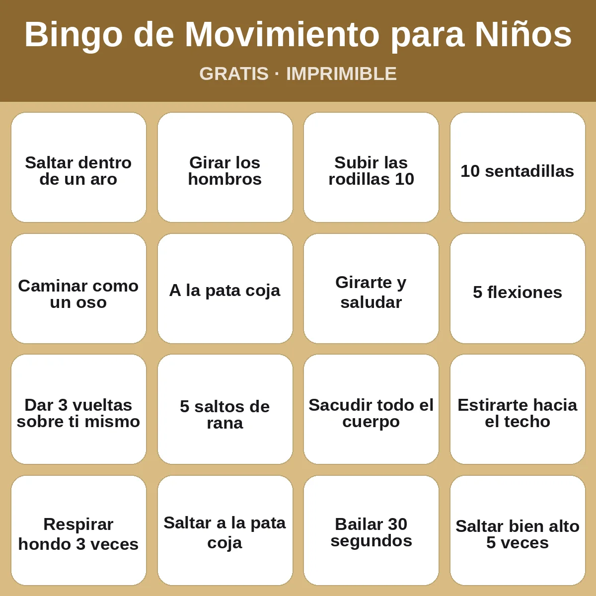 Bingo de Movimiento para Niños – bingo gratis para imprimir para niños