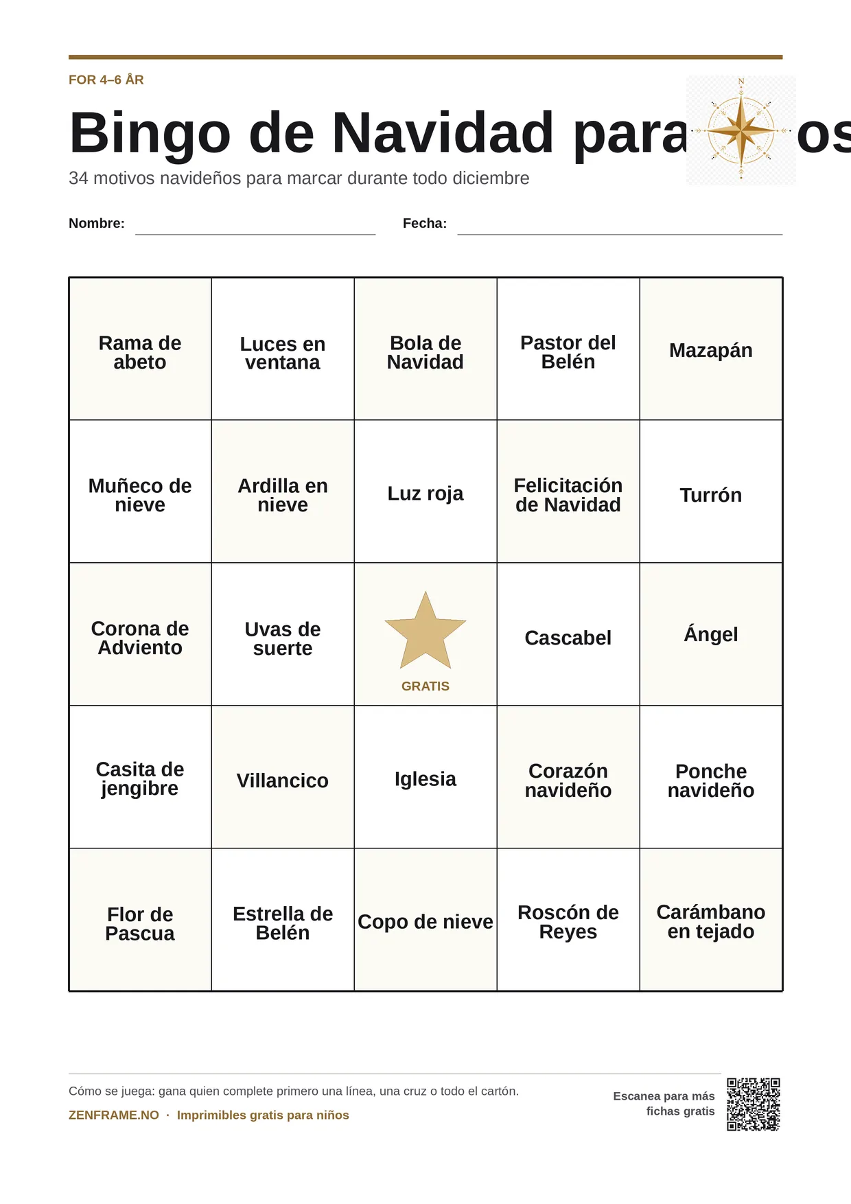Bingo de Navidad para niños 4–6 años – tablero A4 gratis para imprimir