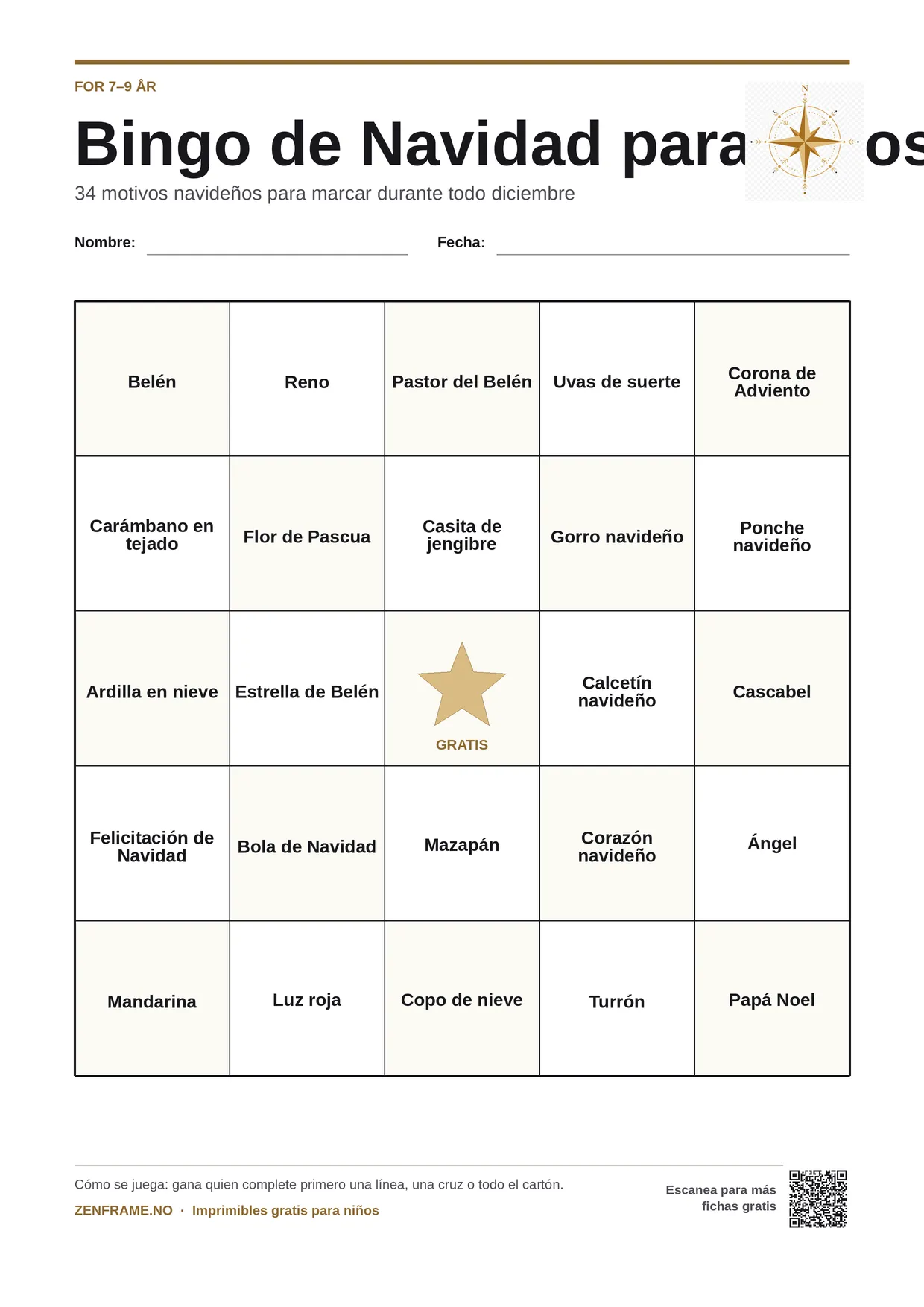 Bingo de Navidad para niños 7–9 años – tablero A4 gratis para imprimir