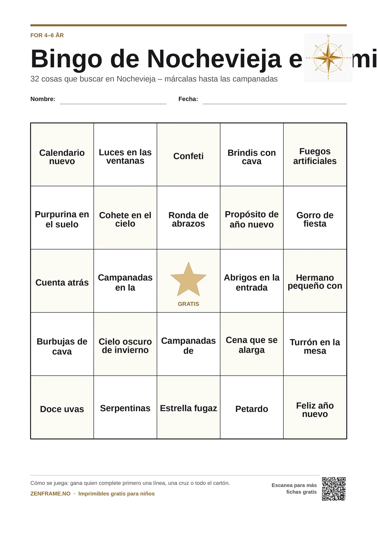 Bingo de Nochevieja en familia para niños 4–6 años – tablero A4 gratis para imprimir