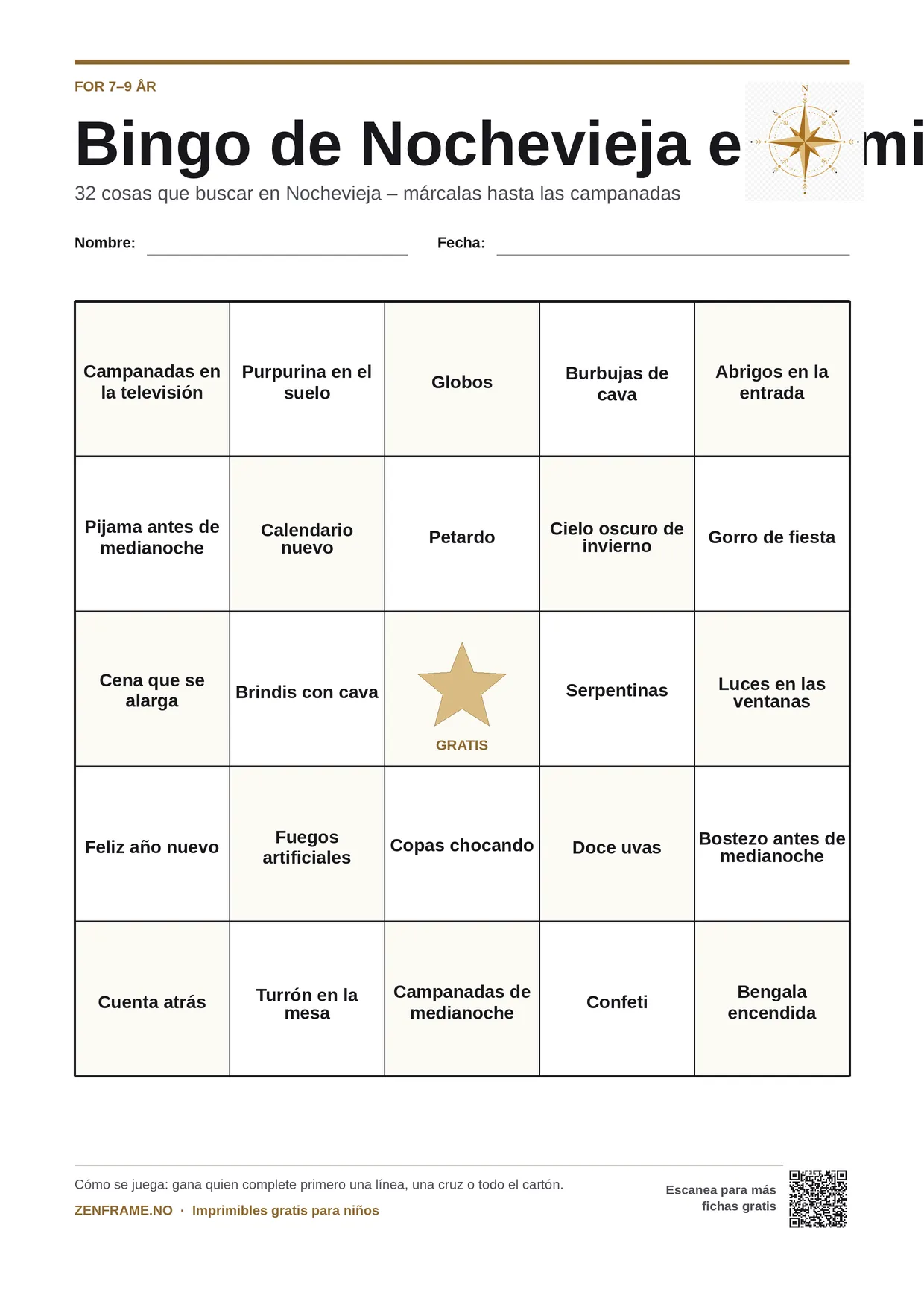 Bingo de Nochevieja en familia para niños 7–9 años – tablero A4 gratis para imprimir