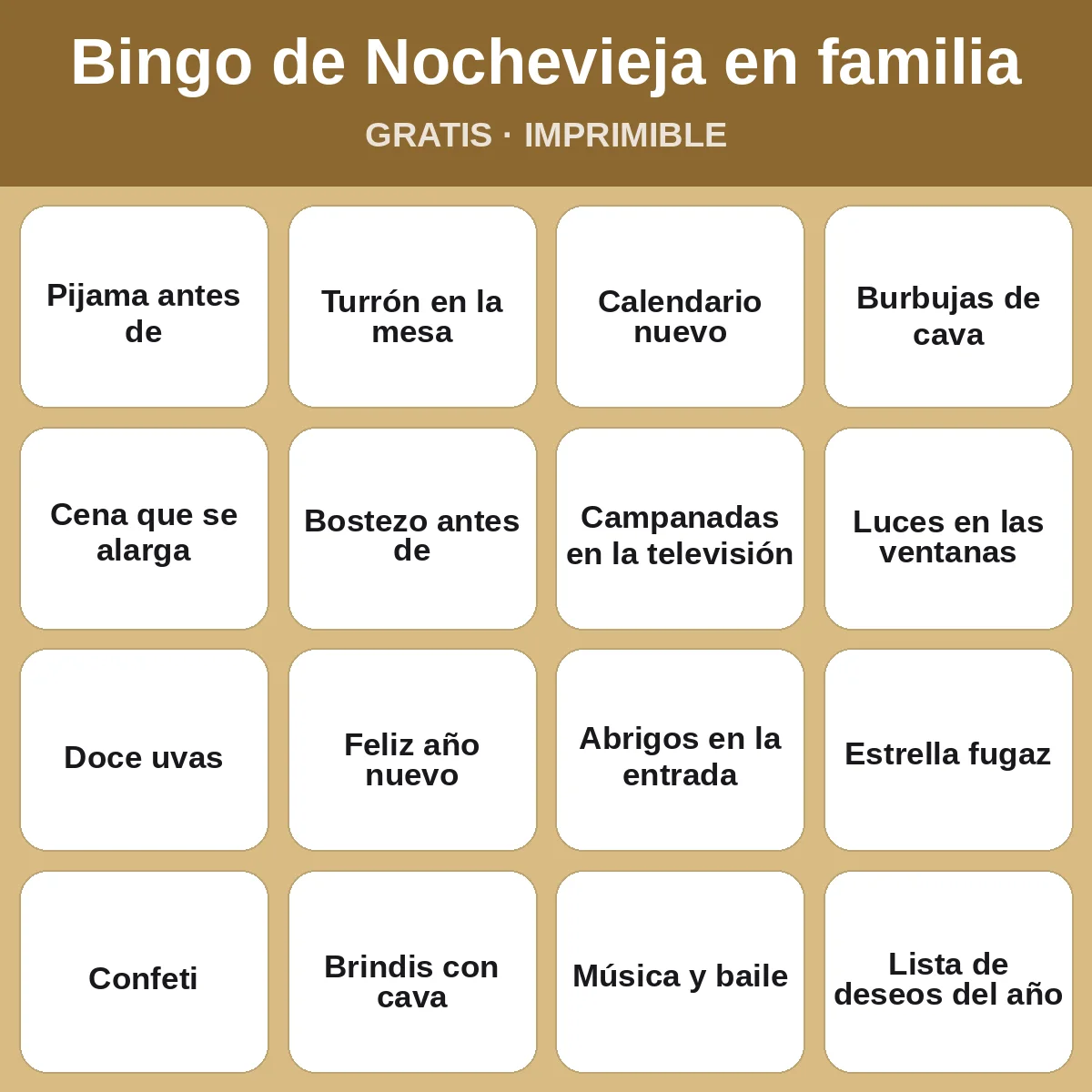 Bingo de Nochevieja en familia – bingo gratis para imprimir para niños
