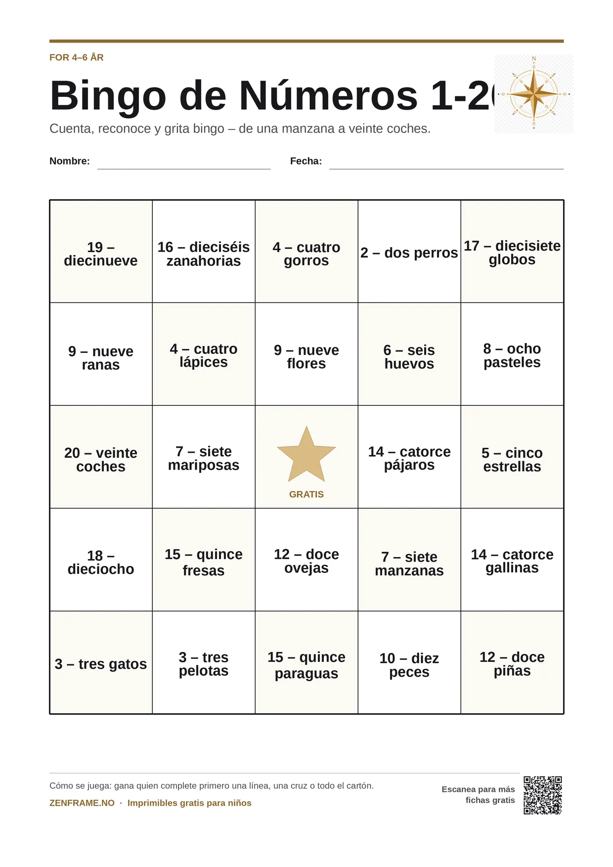 Bingo de Números 1-20 para niños 4–6 años – tablero A4 gratis para imprimir