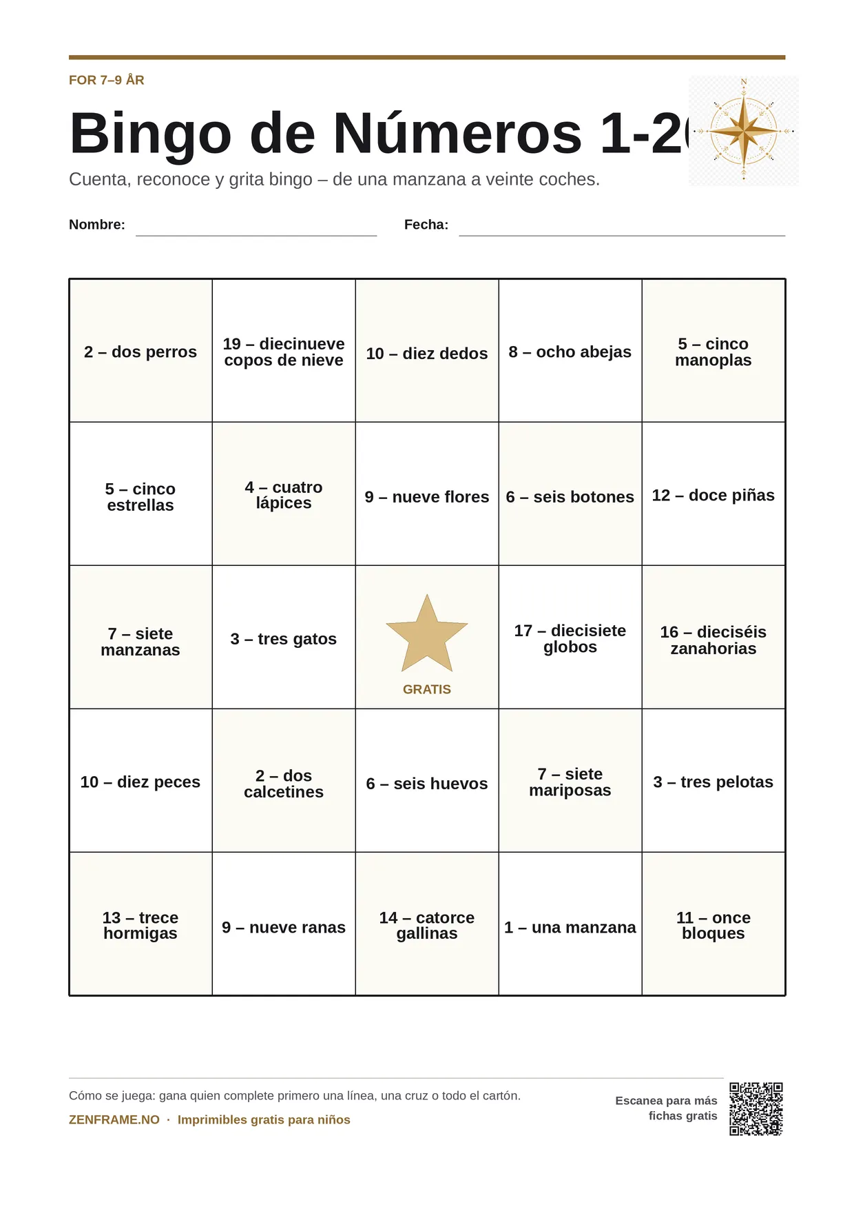 Bingo de Números 1-20 para niños 7–9 años – tablero A4 gratis para imprimir