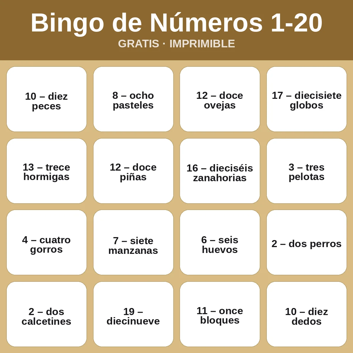 Bingo de Números 1-20 – bingo gratis para imprimir para niños