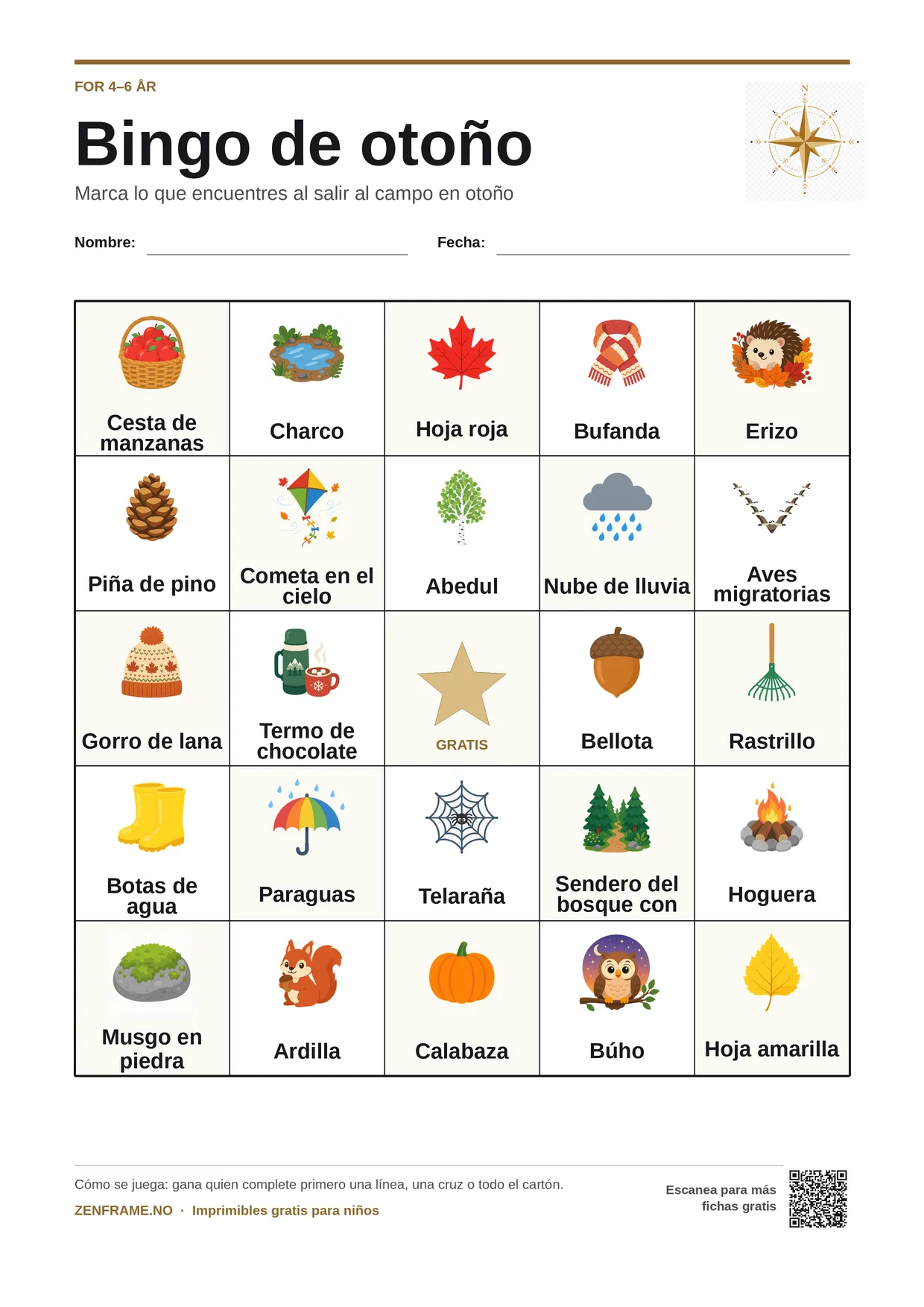 Bingo de otoño para niños 4–6 años – tablero A4 gratis para imprimir