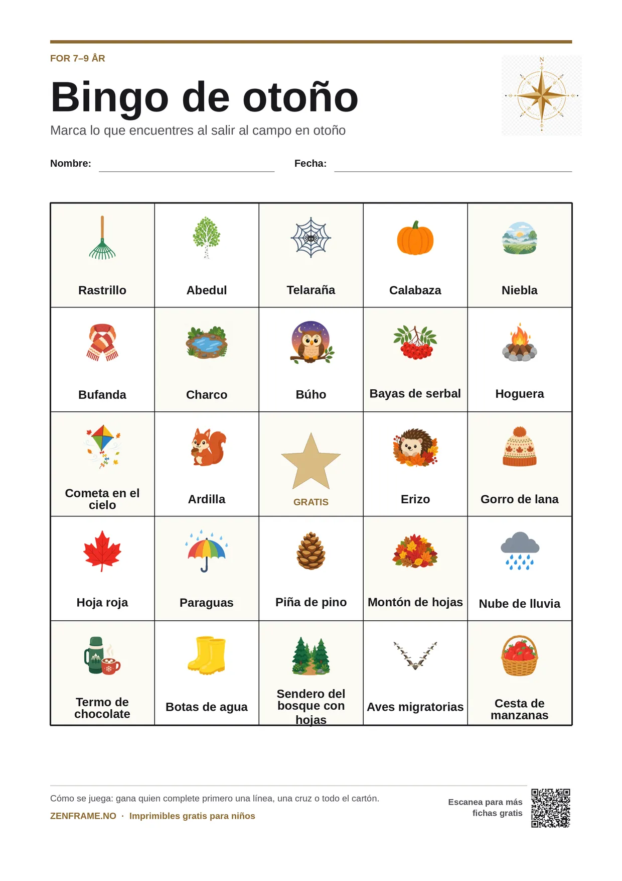 Bingo de otoño para niños 7–9 años – tablero A4 gratis para imprimir