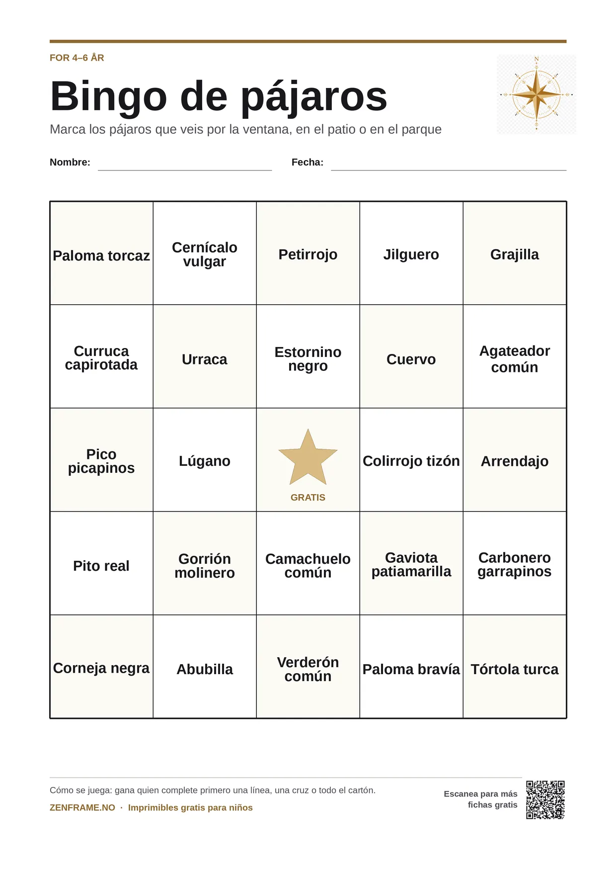 Bingo de pájaros para niños 4–6 años – tablero A4 gratis para imprimir