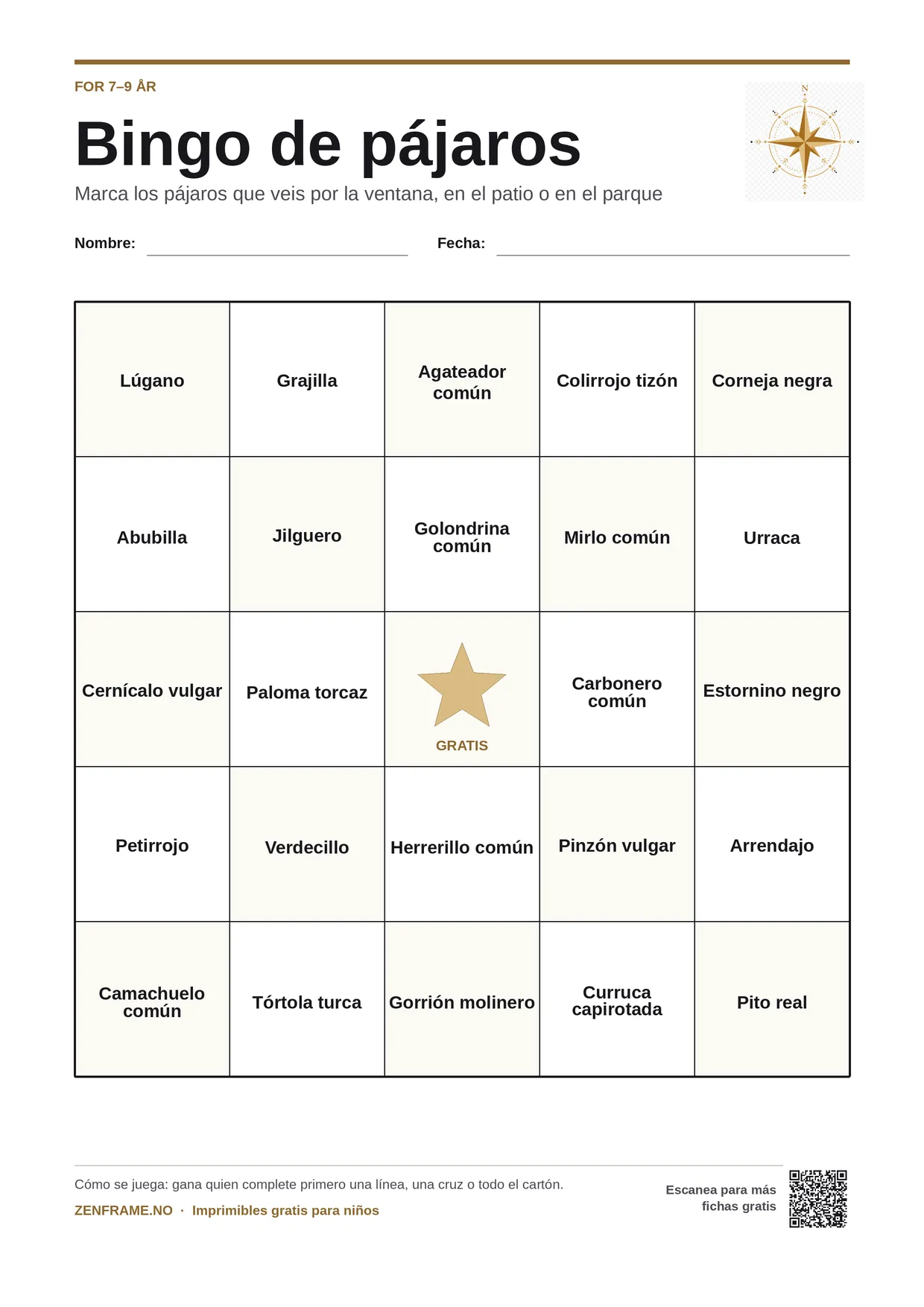 Bingo de pájaros para niños 7–9 años – tablero A4 gratis para imprimir