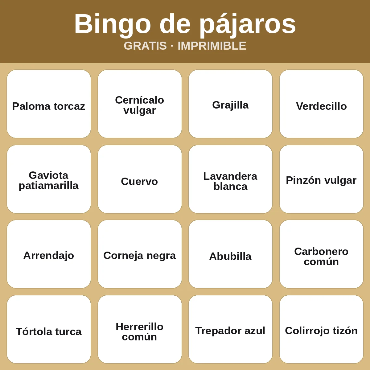 Bingo de pájaros – bingo gratis para imprimir para niños
