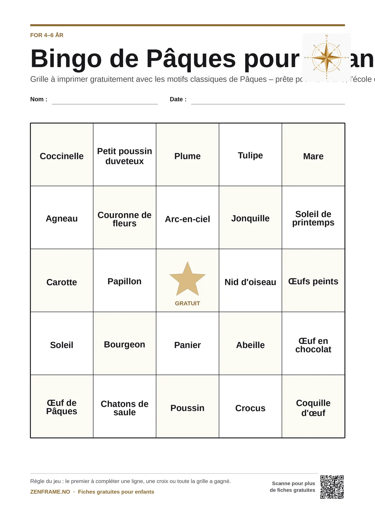 Bingo de Pâques pour enfants 4–6 ans – planche A4 gratuite à imprimer