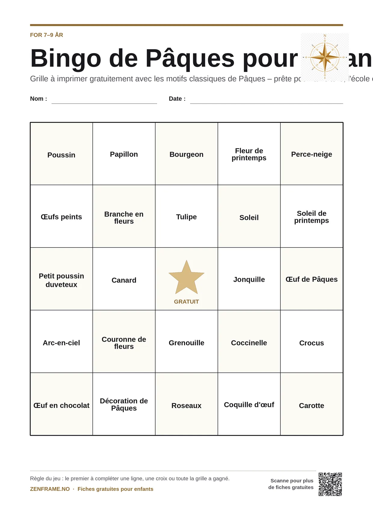 Bingo de Pâques pour enfants 7–9 ans – planche A4 gratuite à imprimer