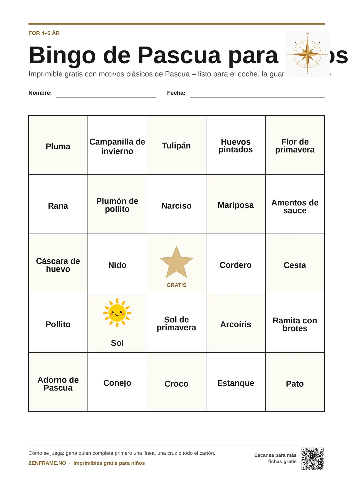 Bingo de Pascua para niños 4–6 años – tablero A4 gratis para imprimir