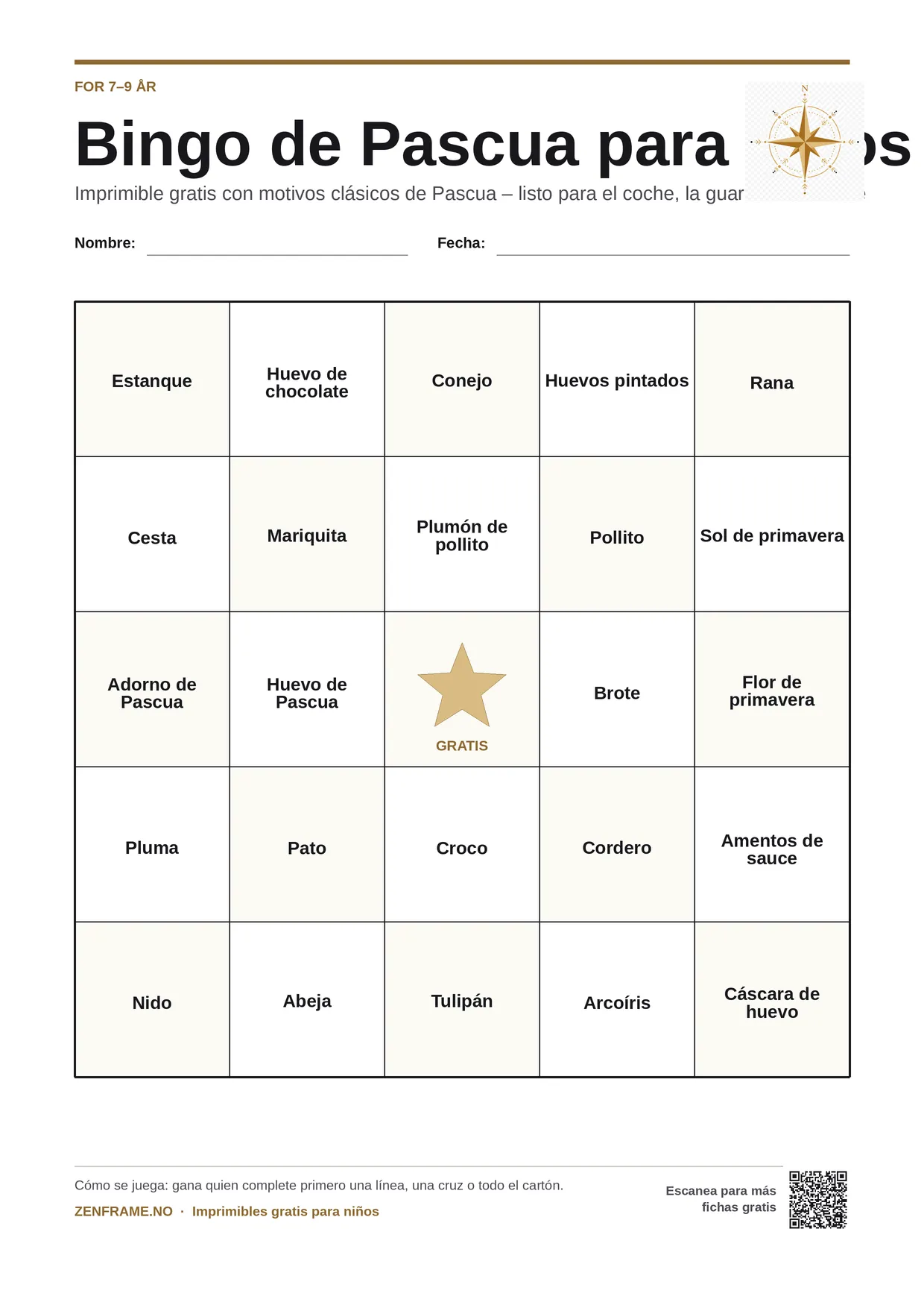 Bingo de Pascua para niños 7–9 años – tablero A4 gratis para imprimir
