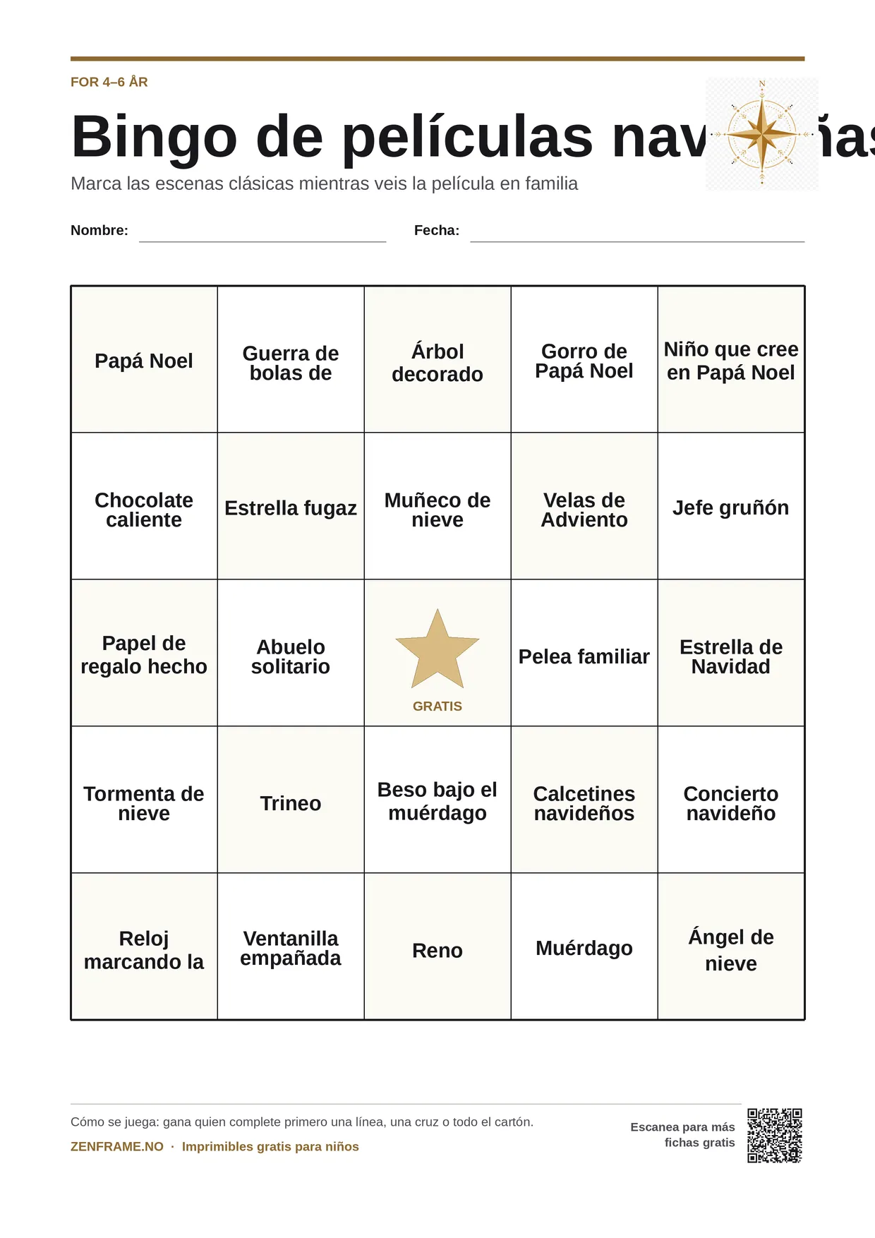 Bingo de películas navideñas para niños 4–6 años – tablero A4 gratis para imprimir