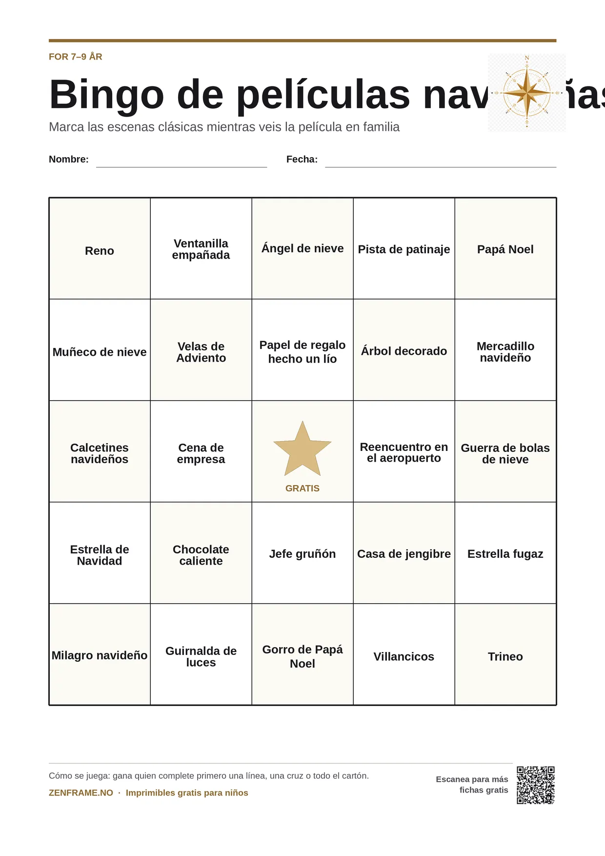 Bingo de películas navideñas para niños 7–9 años – tablero A4 gratis para imprimir