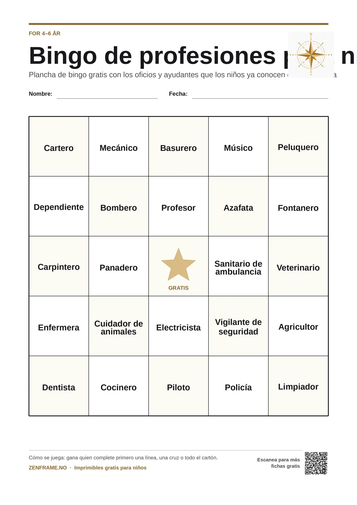Bingo de profesiones para niños 4–6 años – tablero A4 gratis para imprimir