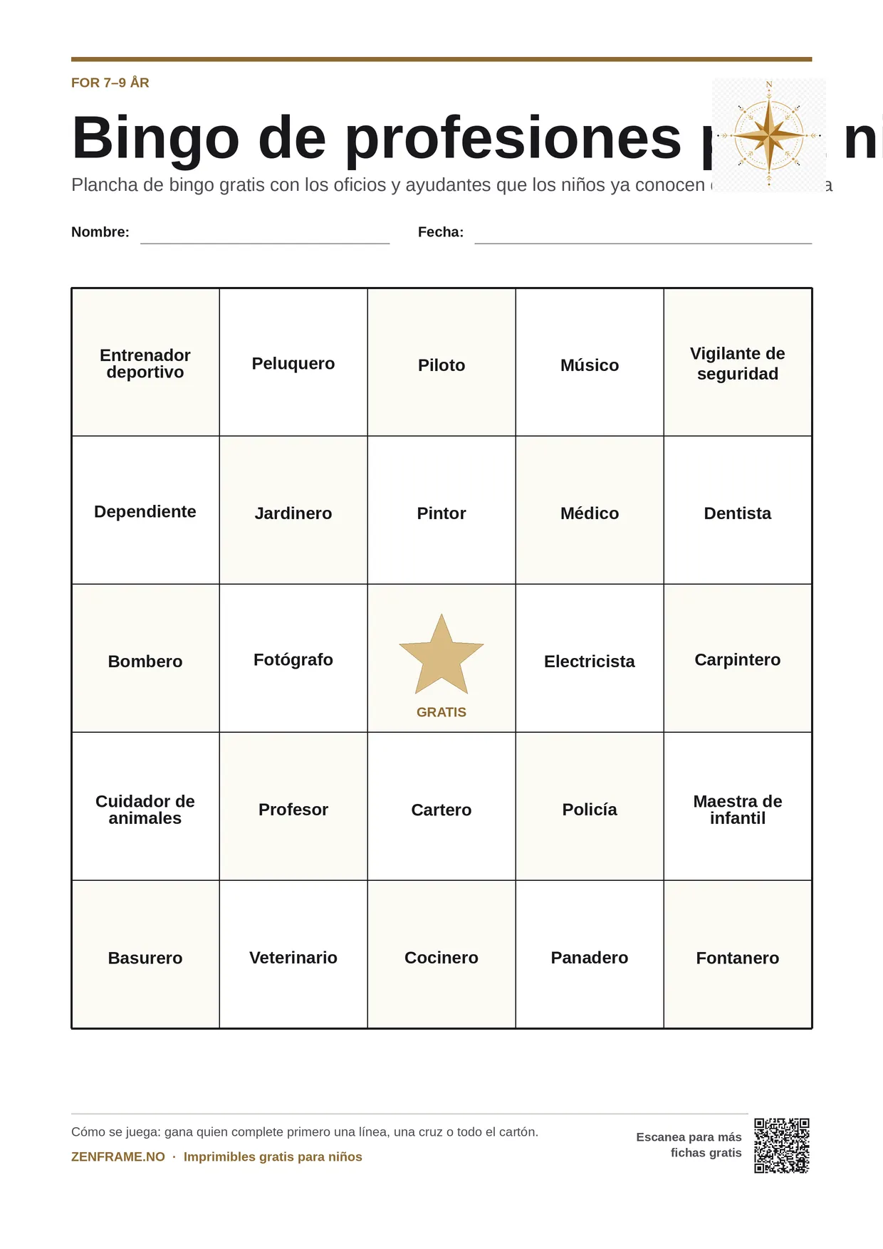 Bingo de profesiones para niños 7–9 años – tablero A4 gratis para imprimir