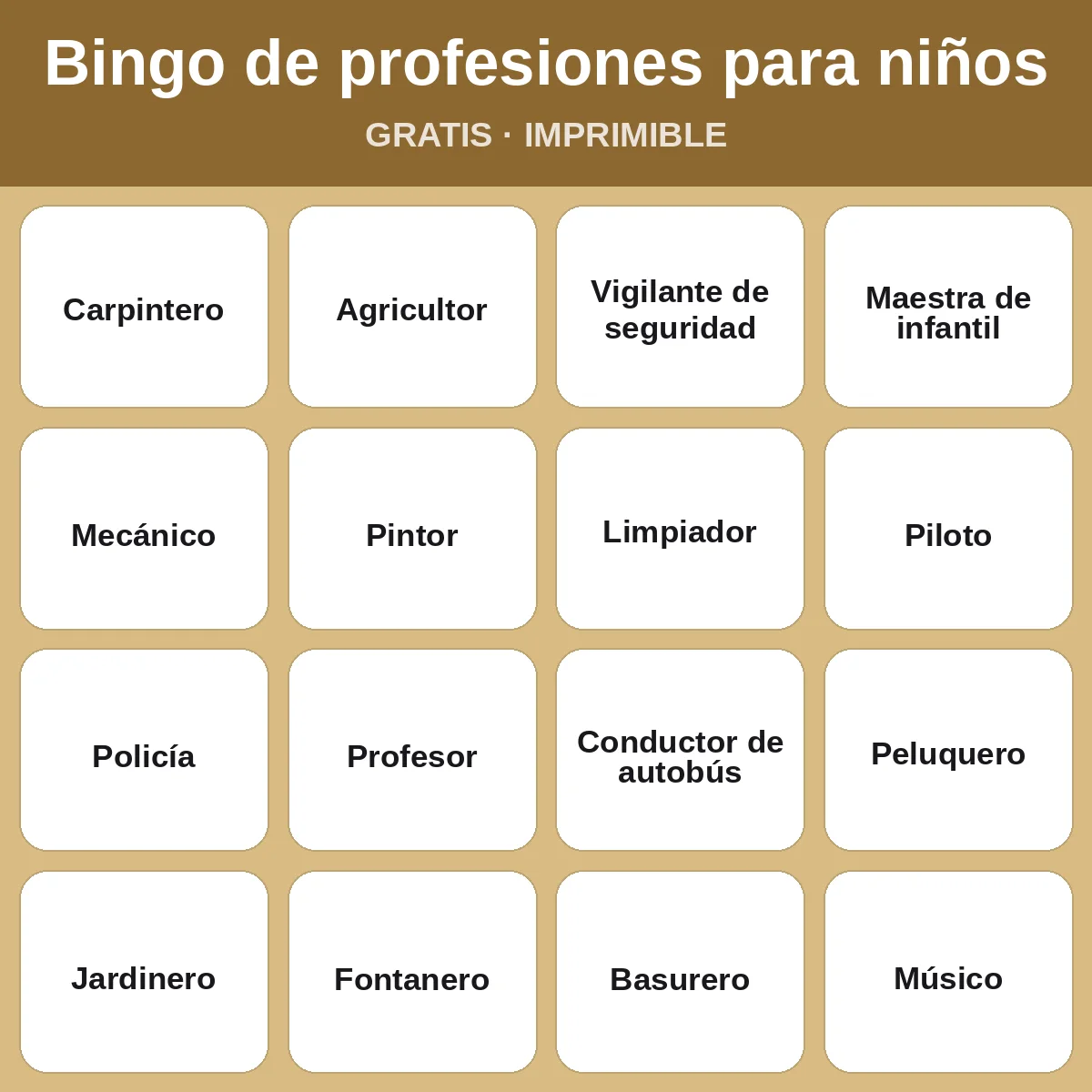 Bingo de profesiones para niños – bingo gratis para imprimir para niños