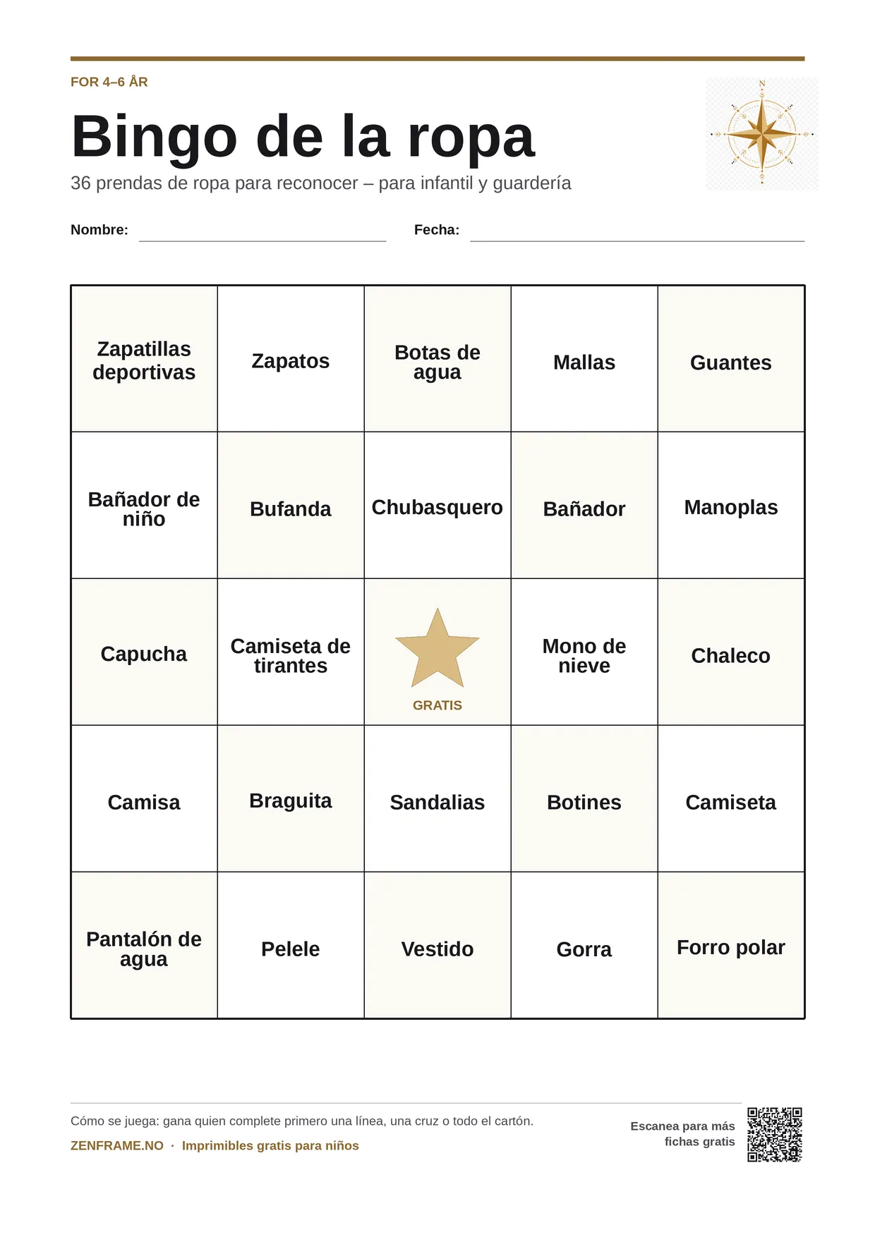Bingo de la ropa para niños 4–6 años – tablero A4 gratis para imprimir