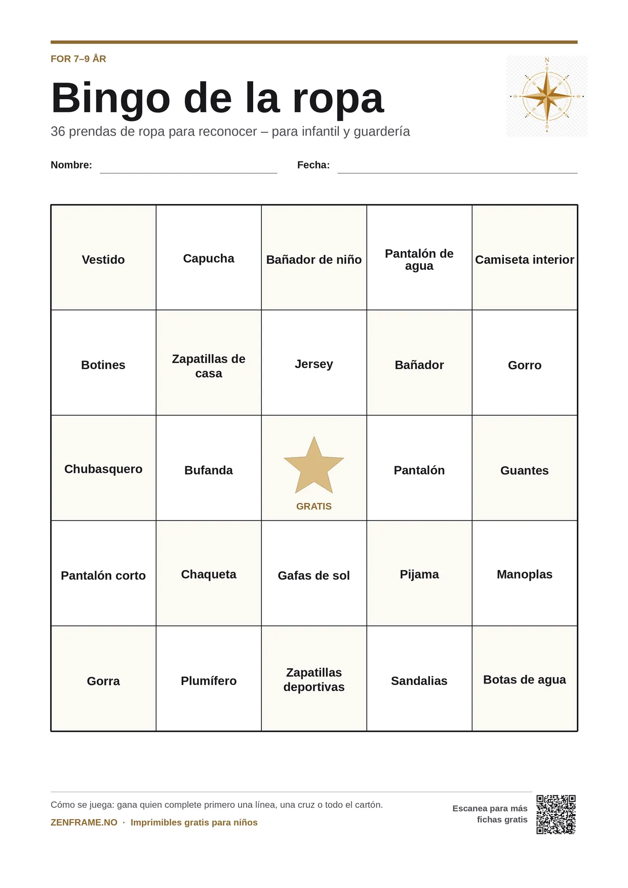 Bingo de la ropa para niños 7–9 años – tablero A4 gratis para imprimir