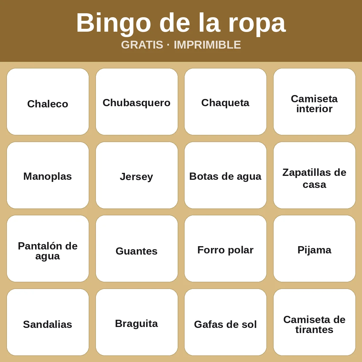 Bingo de la ropa – bingo gratis para imprimir para niños