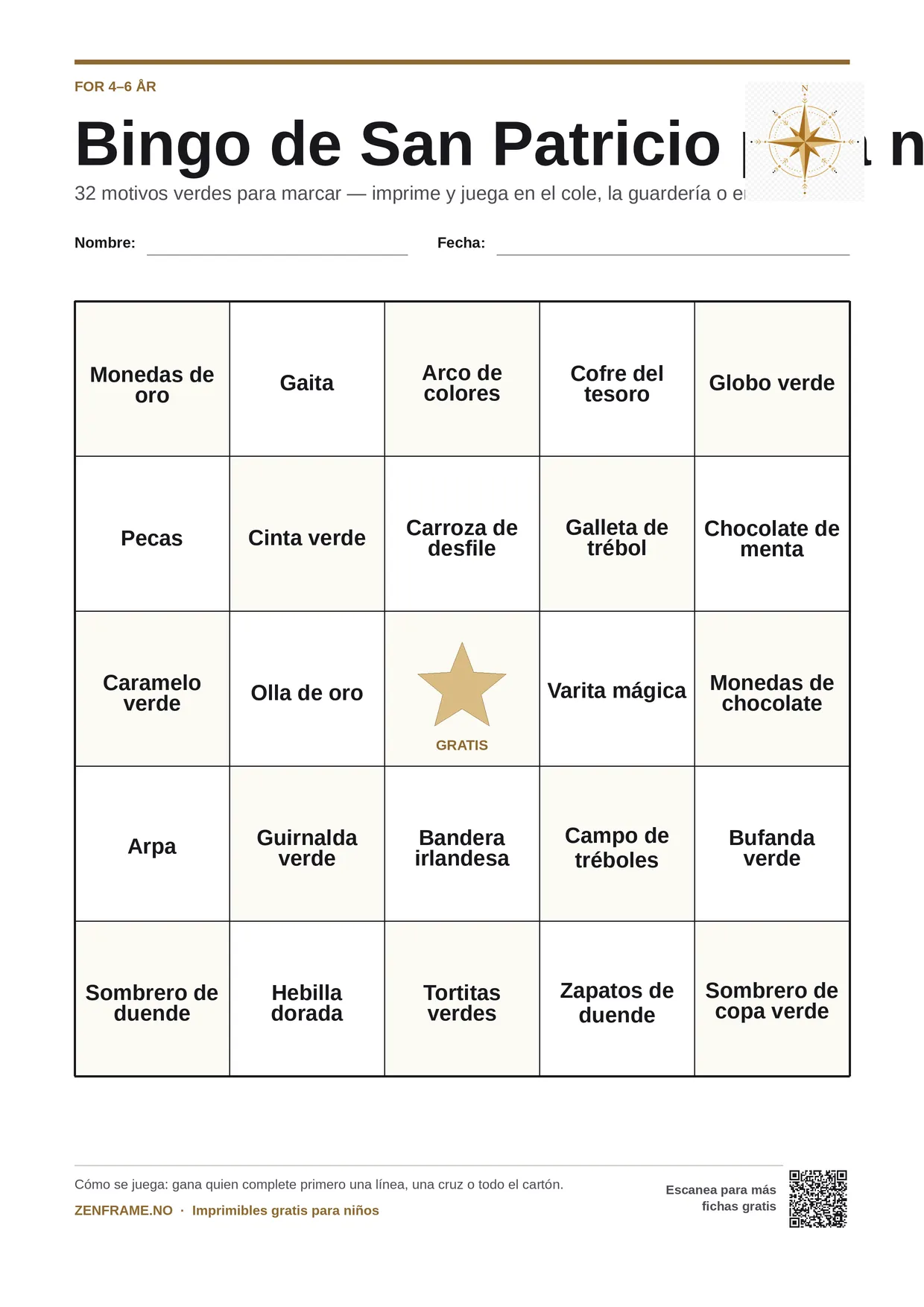 Bingo de San Patricio para niños 4–6 años – tablero A4 gratis para imprimir