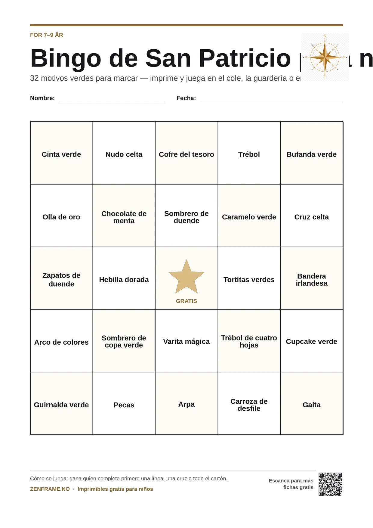 Bingo de San Patricio para niños 7–9 años – tablero A4 gratis para imprimir