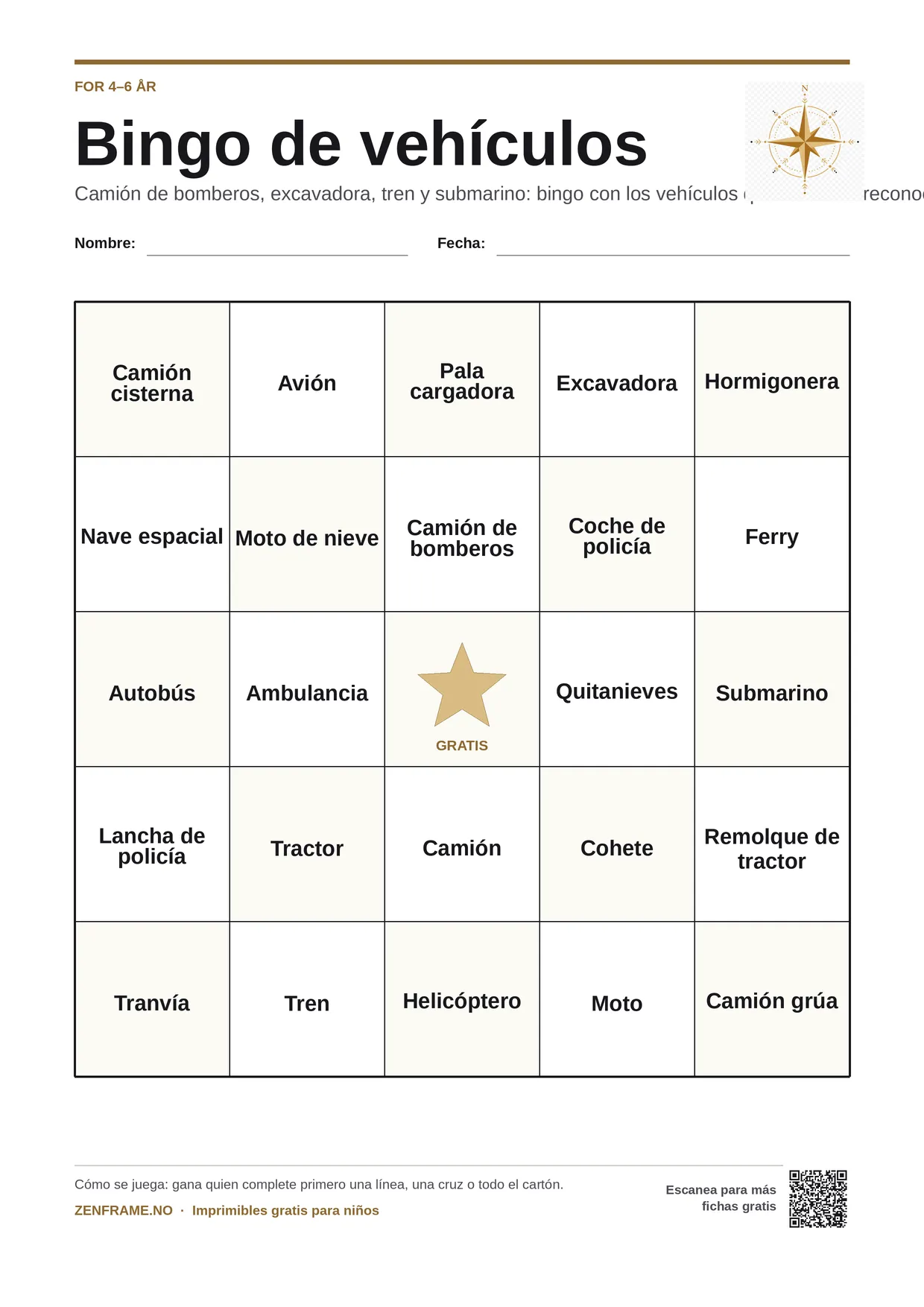 Bingo de vehículos para niños 4–6 años – tablero A4 gratis para imprimir
